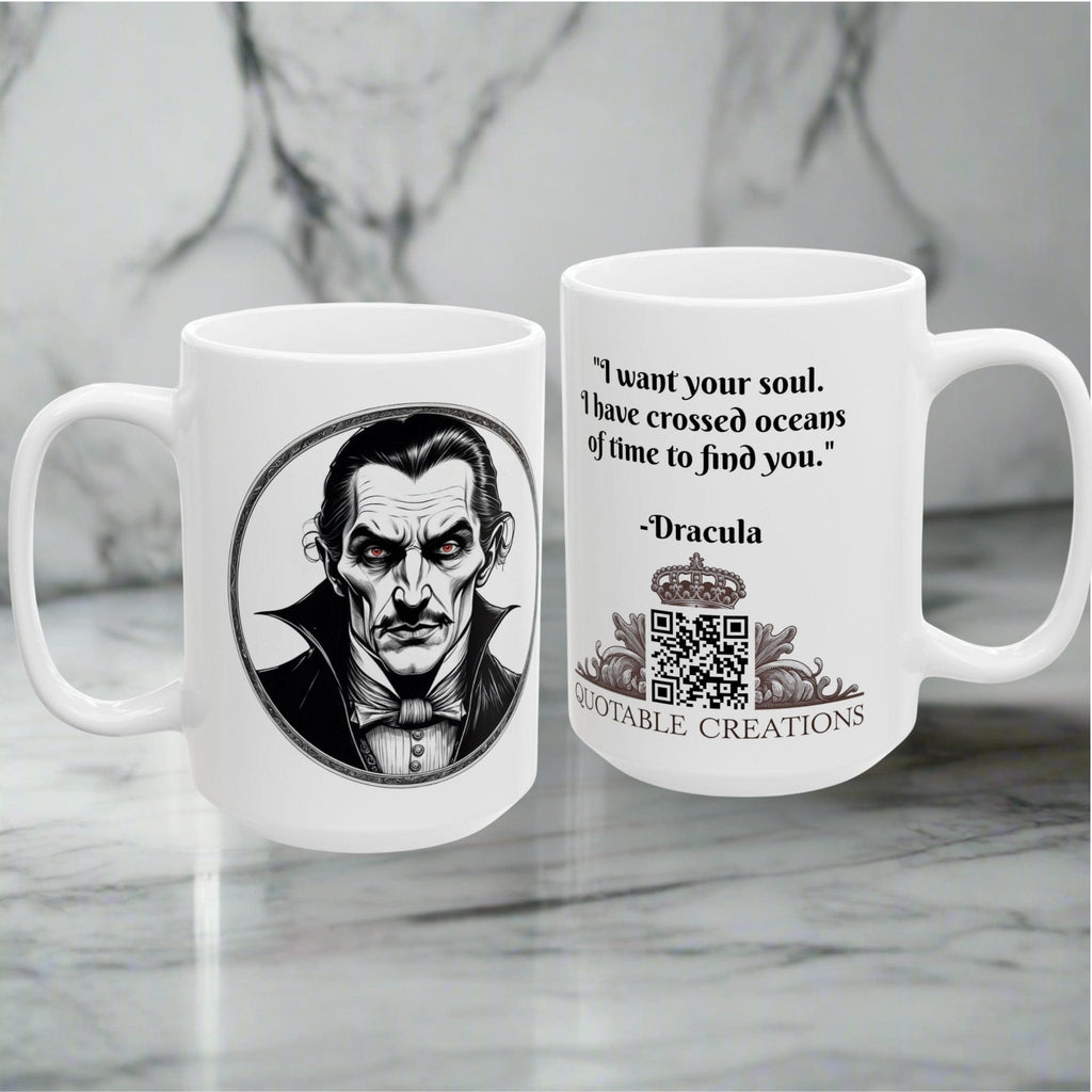 Printify Mug Mug - Dracula - Mysteries & Monsters Inspirational QR Code Quote Video