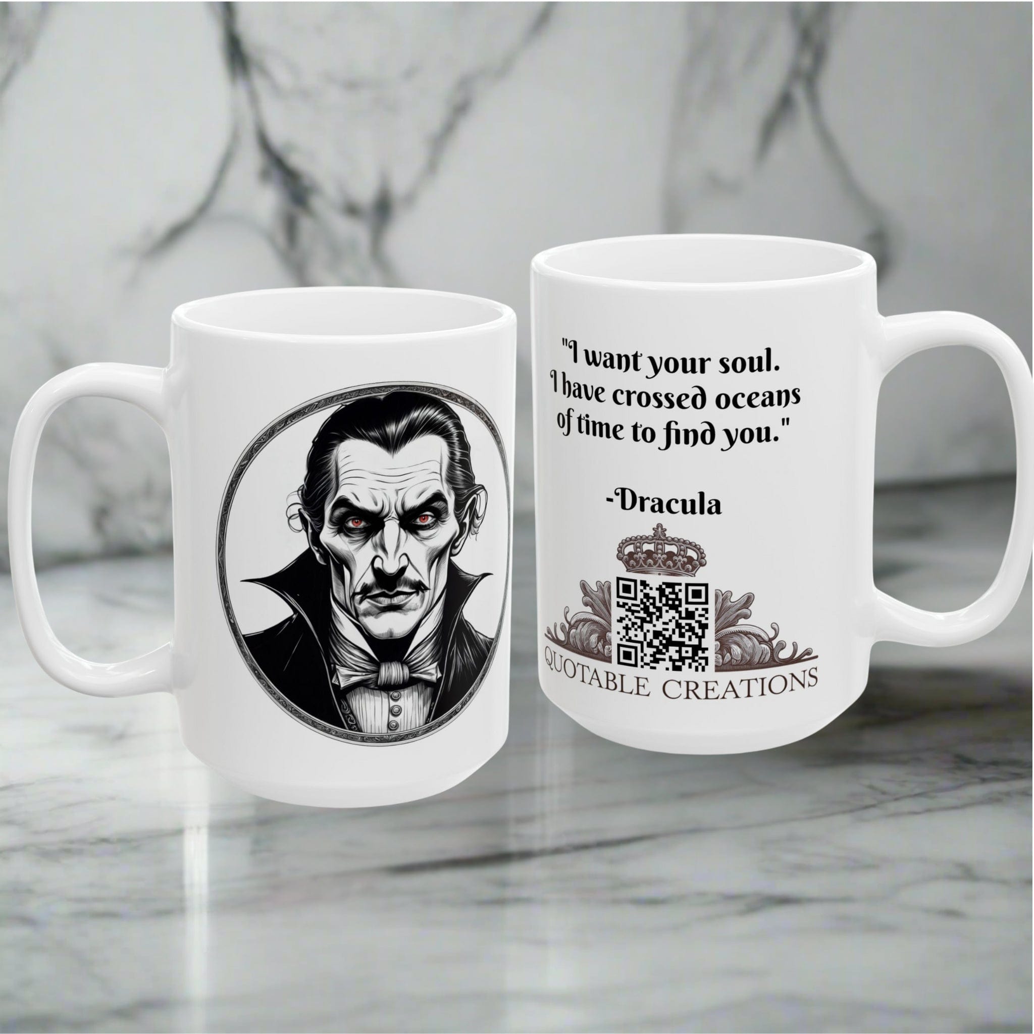 Printify Mug Mug - Dracula - Mysteries & Monsters Inspirational QR Code Quote Video
