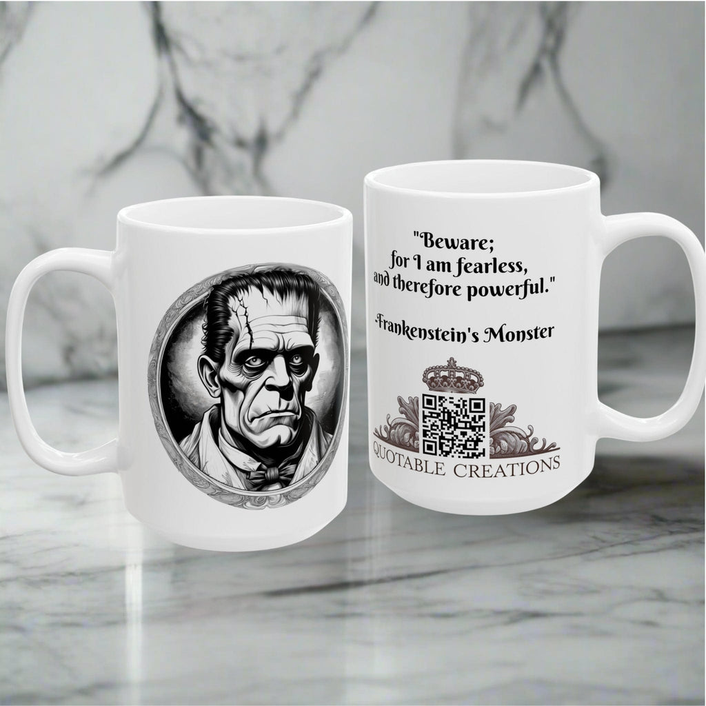 Printify Mug Mug - Frankenstein's Monster - Mysteries & Monsters Inspirational QR Code Quote Video