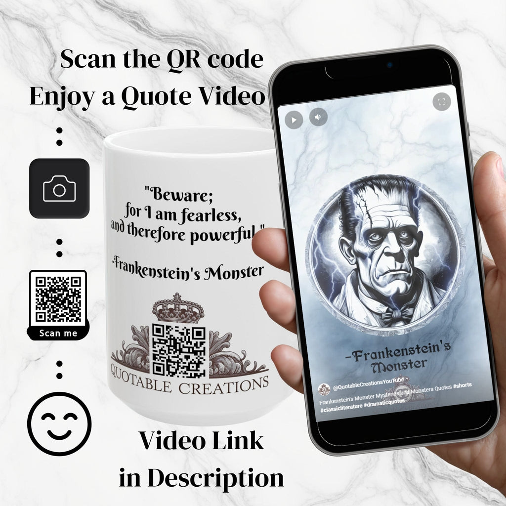 Printify Mug Mug - Frankenstein's Monster - Mysteries & Monsters Inspirational QR Code Quote Video