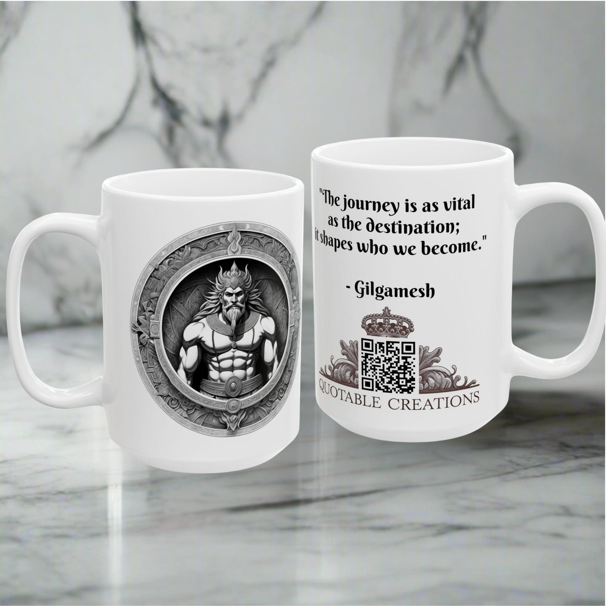 Printify Mug Mug - Gilgamesh - Heroes & Quests Motivational QR Code Quote Video