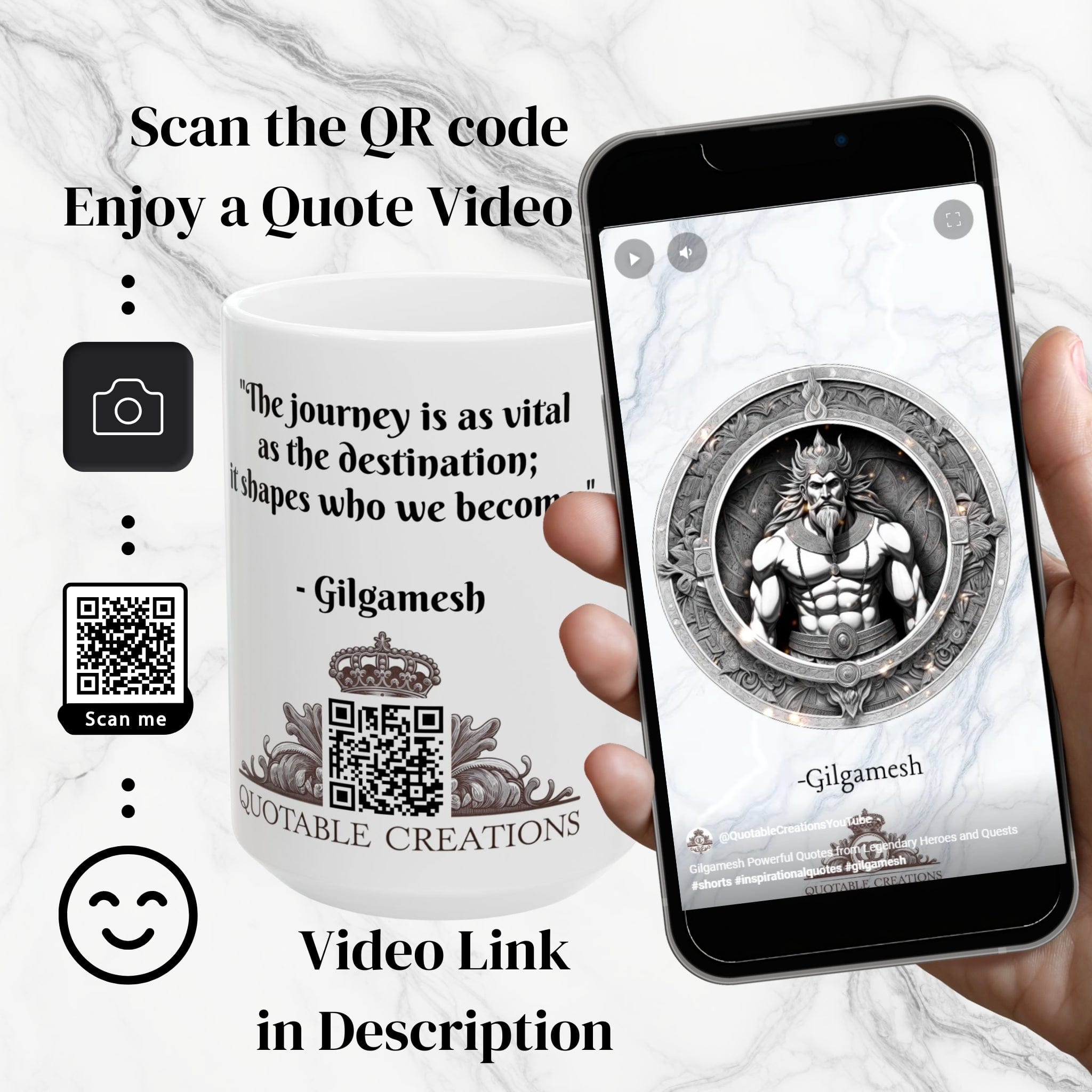Printify Mug Mug - Gilgamesh - Heroes & Quests Motivational QR Code Quote Video