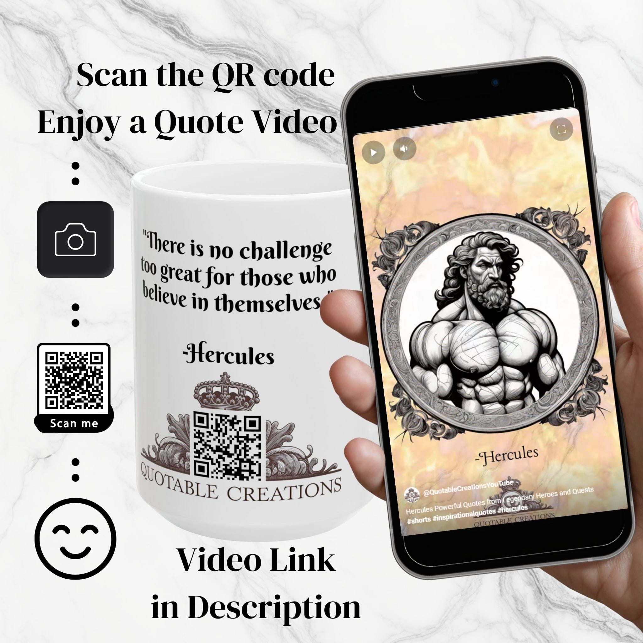 Printify Mug Mug - Hercules - Heroes & Quests Motivational QR Code Quote Video