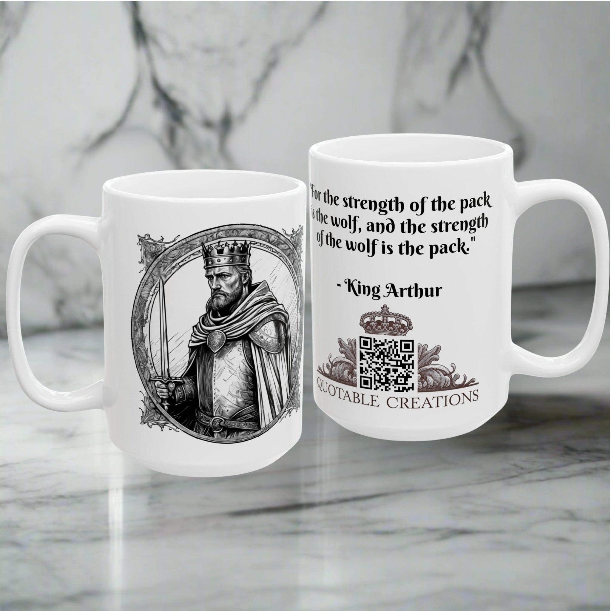 Printify Mug Mug - King Arthur - Heroes & Quests Motivational QR Code Quote Video