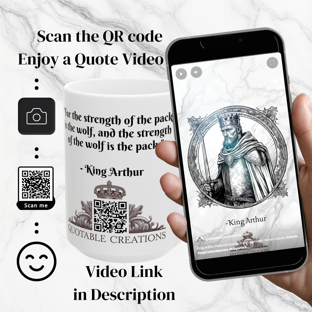 Printify Mug Mug - King Arthur - Heroes & Quests Motivational QR Code Quote Video
