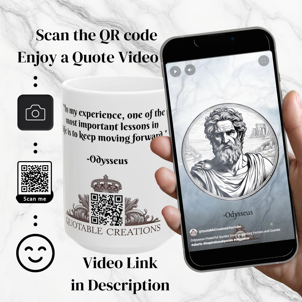 Printify Mug Mug - Odysseus - Heroes & Quests Motivational QR Code Quote Video