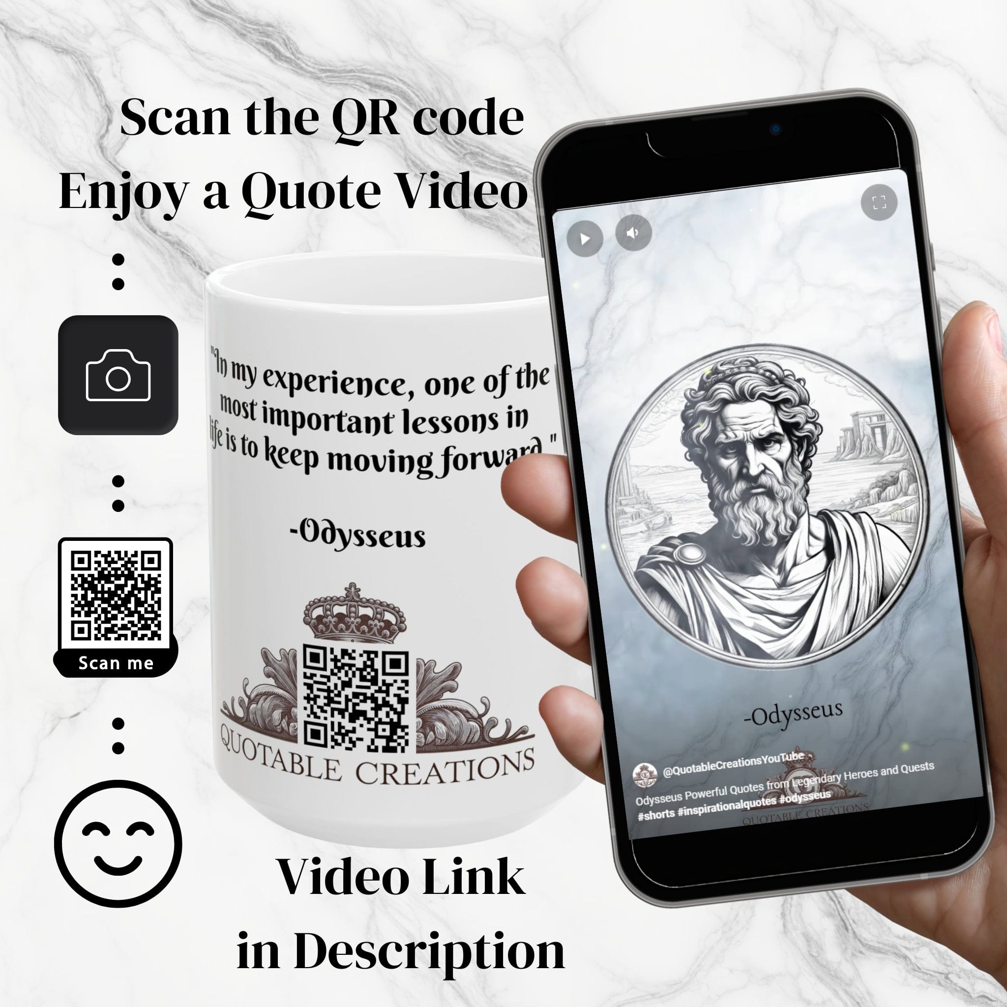 Printify Mug Mug - Odysseus - Heroes & Quests Motivational QR Code Quote Video