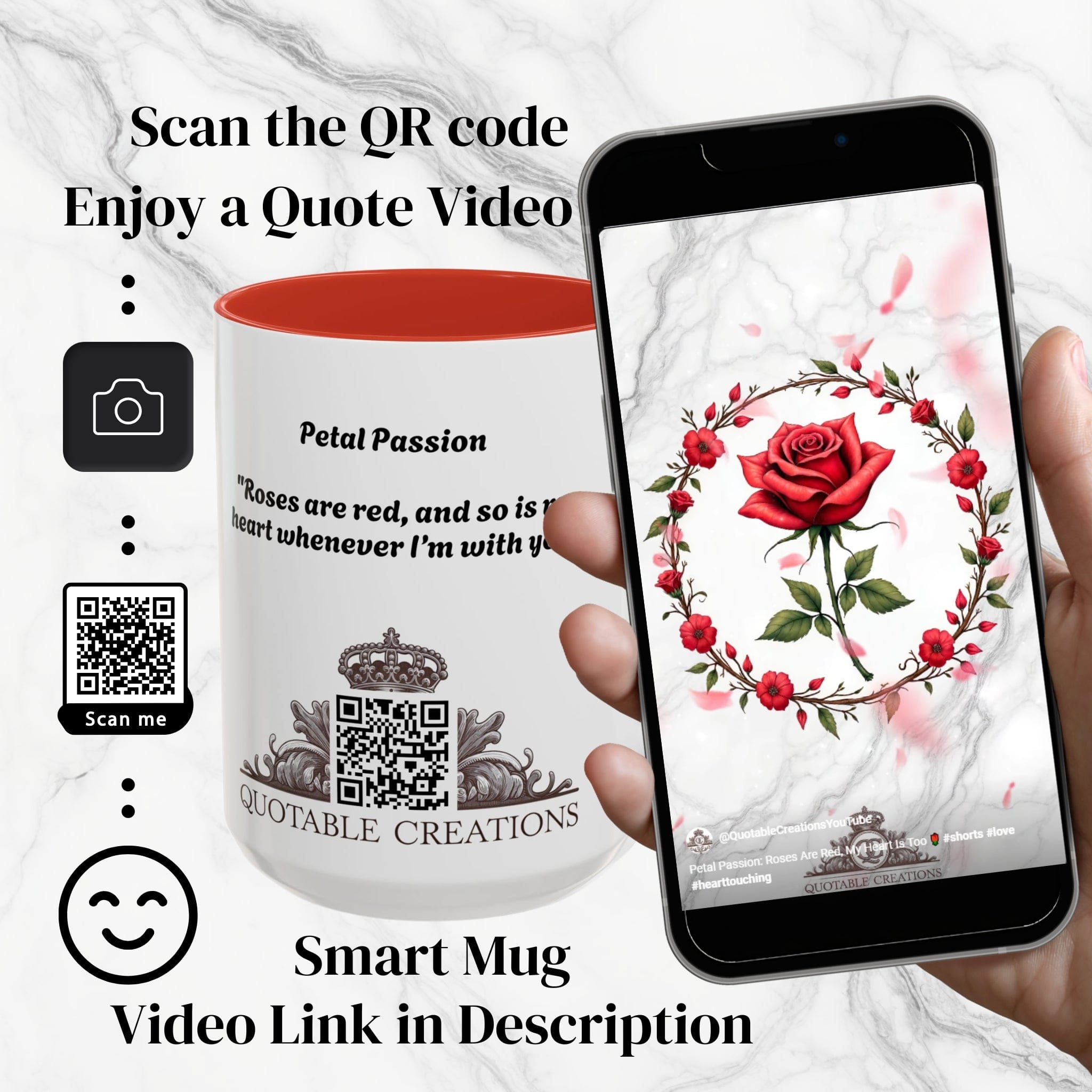 Printify Mug Mug - Petal Passion - Love & Romance QR Code Quote Video