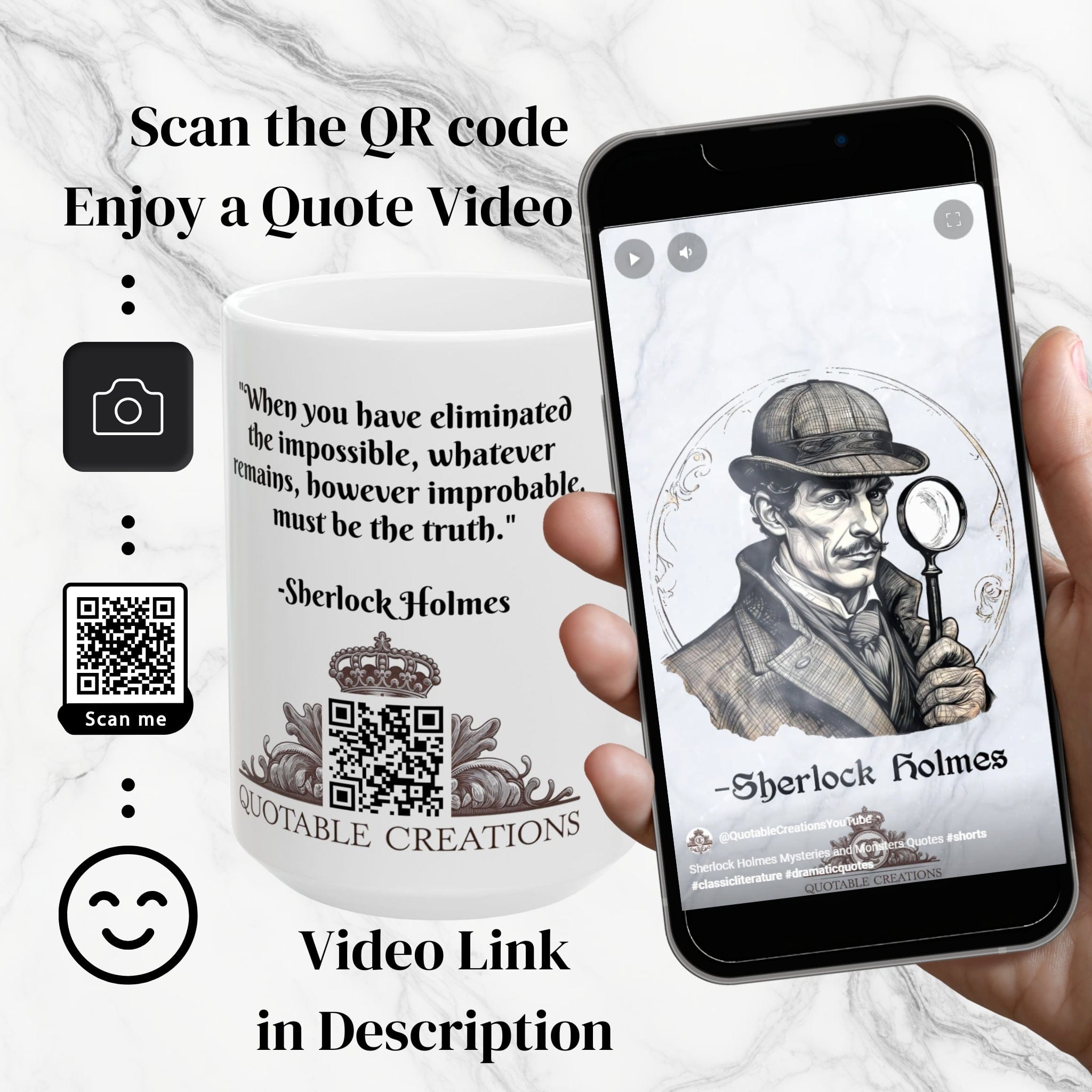 Printify Mug Mug - Sherlock Holmes Inspirational QR Code Quote Video
