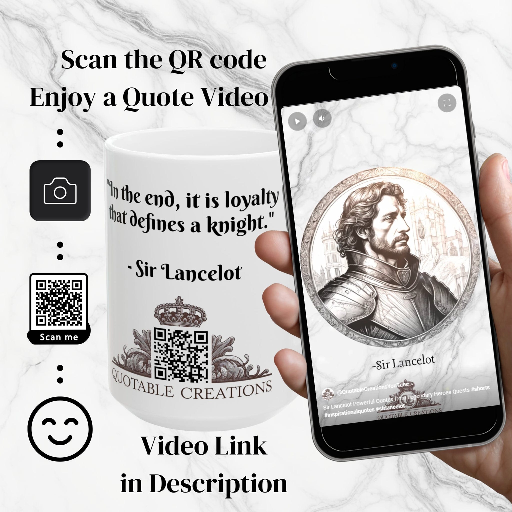Printify Mug Mug - Sir Lancelot - Heroes & Quests Motivational QR Code Quote Video