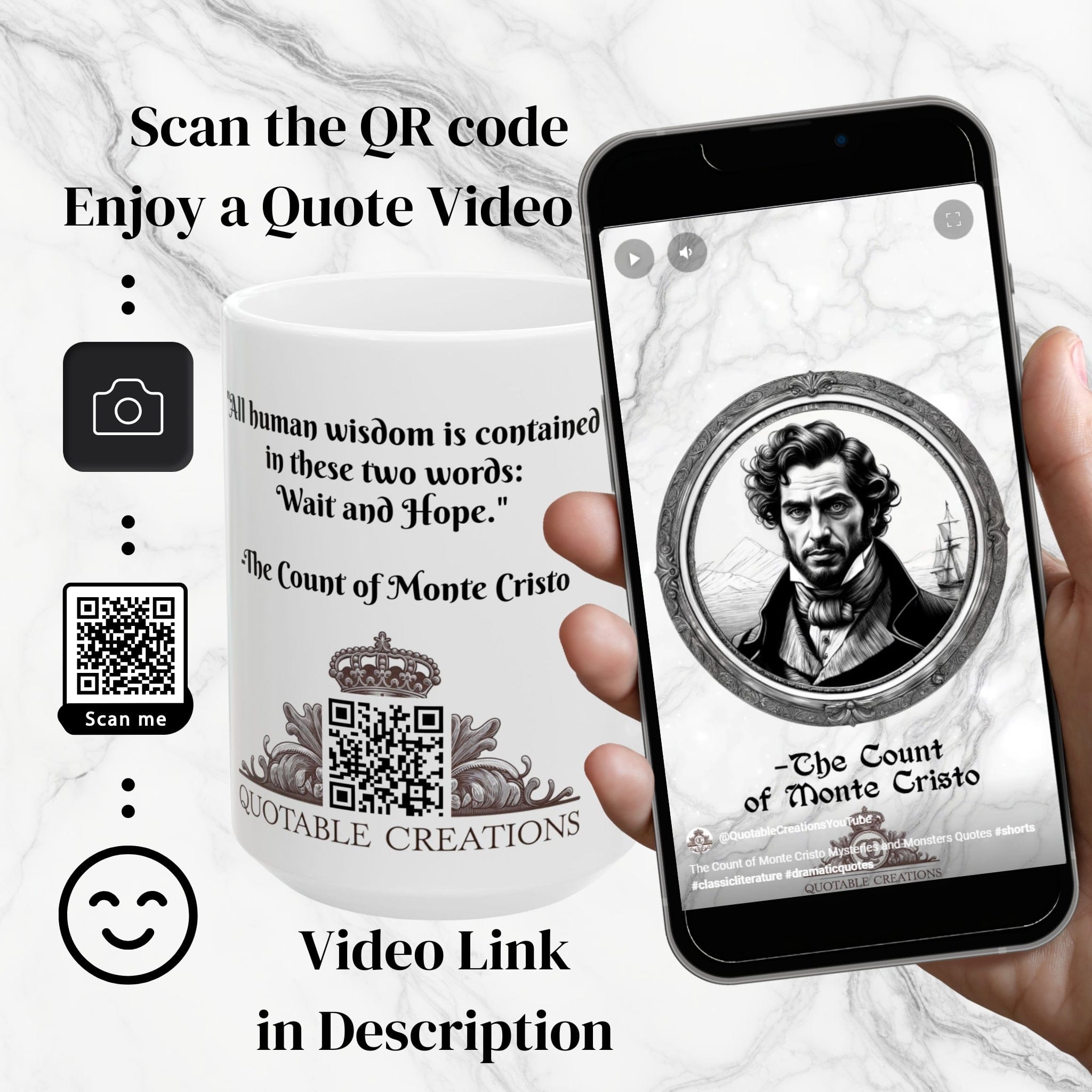 Printify Mug Mug - The Count of Monte Cristo Inspirational QR Code Quote Video