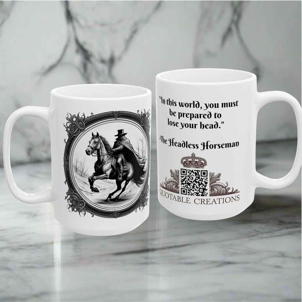 Printify Mug Mug - The Headless Horseman - Mysteries & Monsters Inspirational QR Code Quote Video