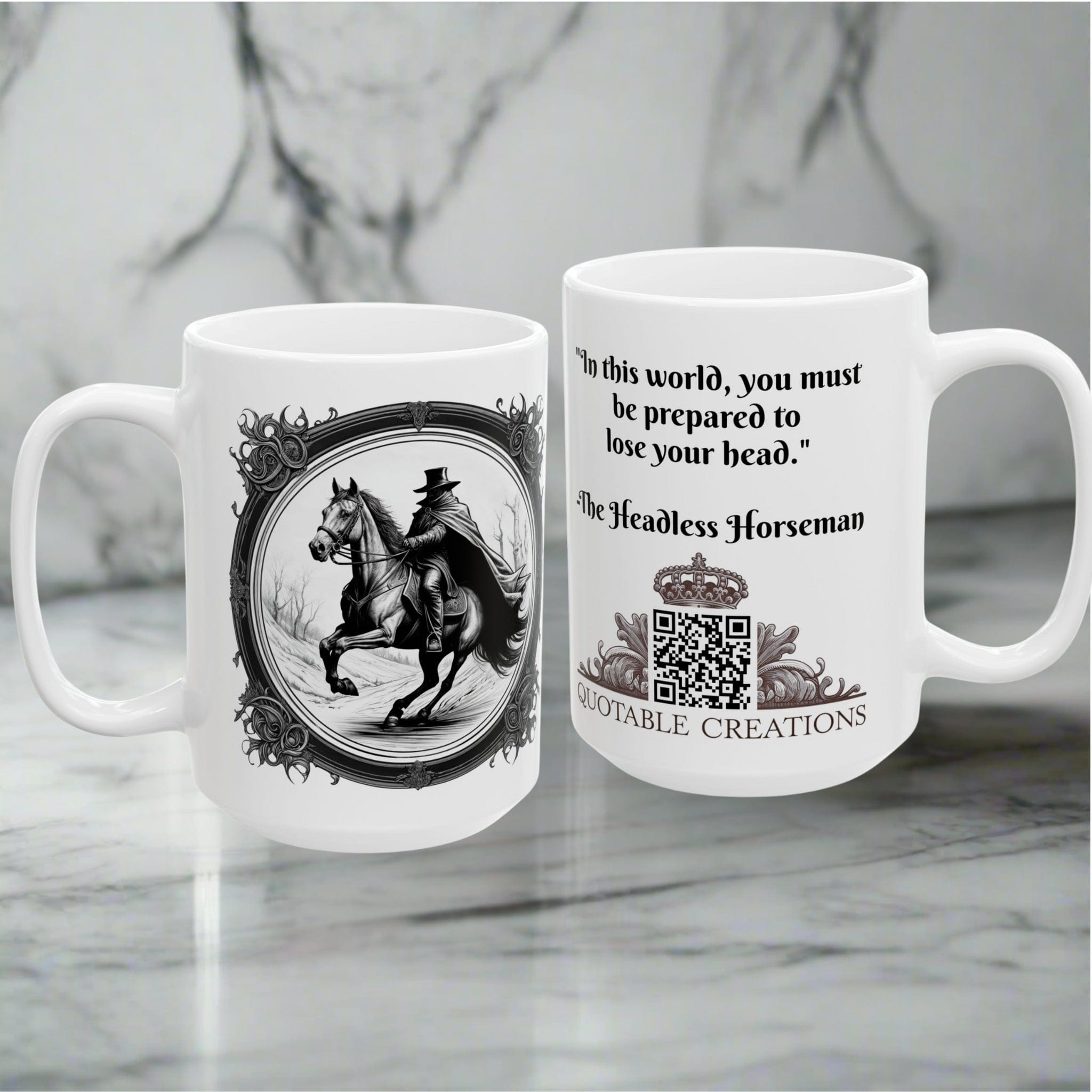 Printify Mug Mug - The Headless Horseman - Mysteries & Monsters Inspirational QR Code Quote Video