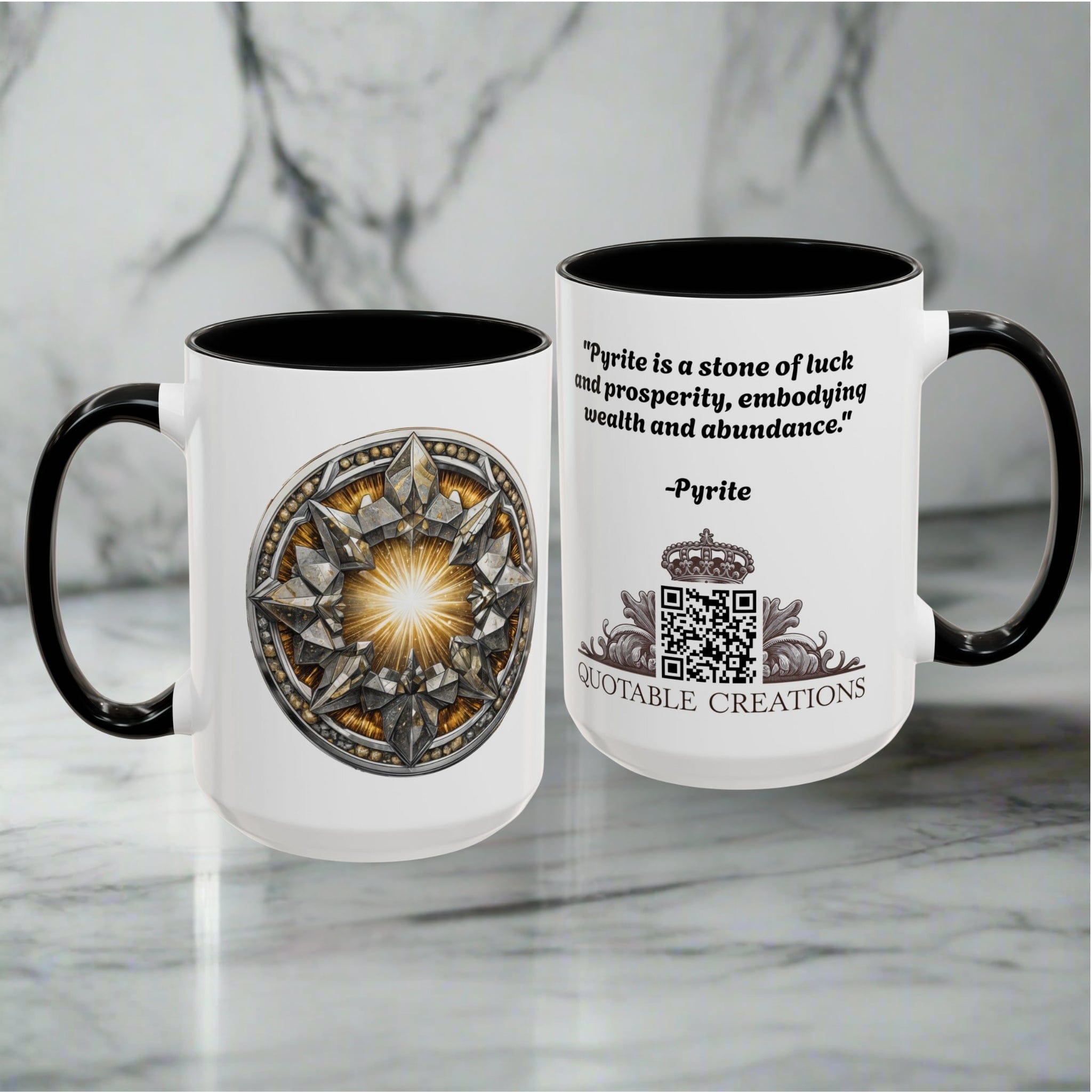 Printify Mug Pyrite Gemstone Coffee Mug with Uplifting Quote and QR Code Perfect for Achievers and Positive Vibes Enthusiasts Crystal Lovers