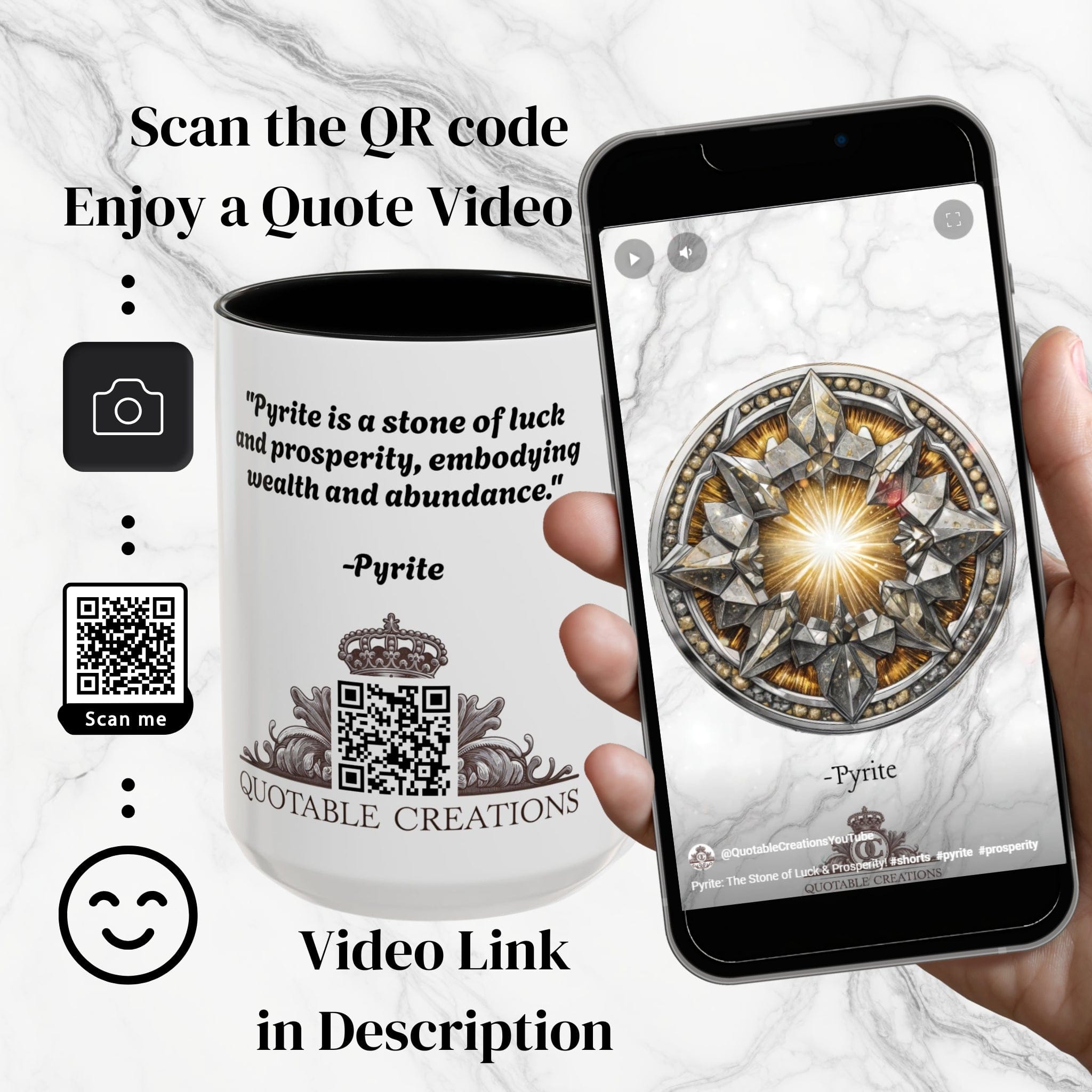 Printify Mug Pyrite Gemstone Coffee Mug with Uplifting Quote and QR Code Perfect for Achievers and Positive Vibes Enthusiasts Crystal Lovers