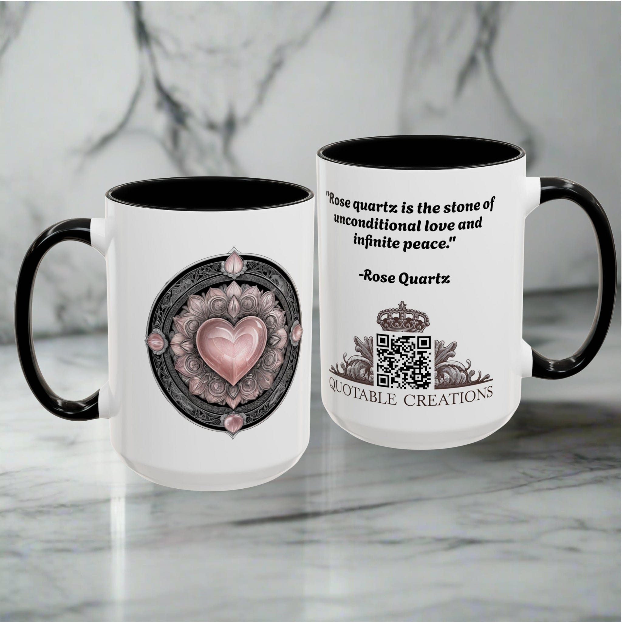 Printify Mug Rose Quartz Love Crystal Coffee Mug with Heartwarming Quote and QR Code Beautiful Gemstone Gift for Valentines Day or Mothers Day