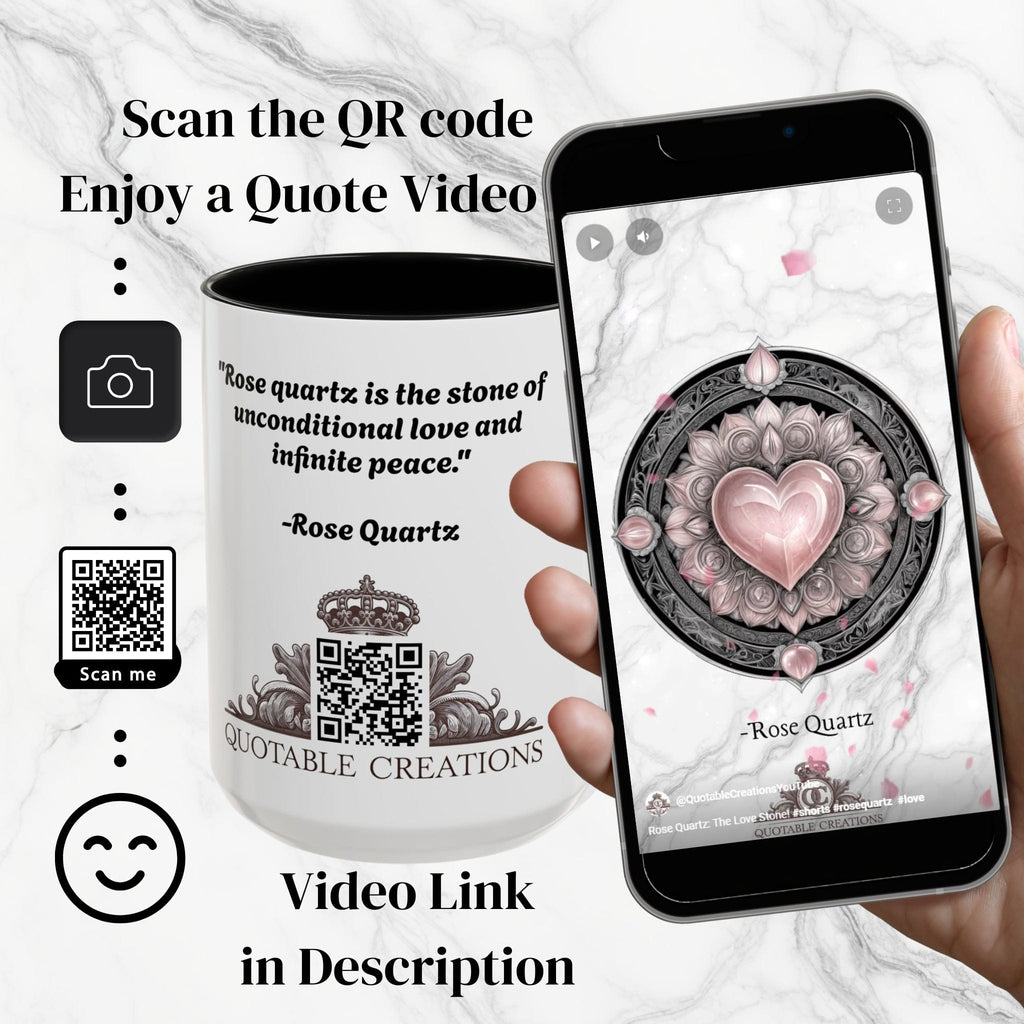 Printify Mug Rose Quartz Love Crystal Coffee Mug with Heartwarming Quote and QR Code Beautiful Gemstone Gift for Valentines Day or Mothers Day