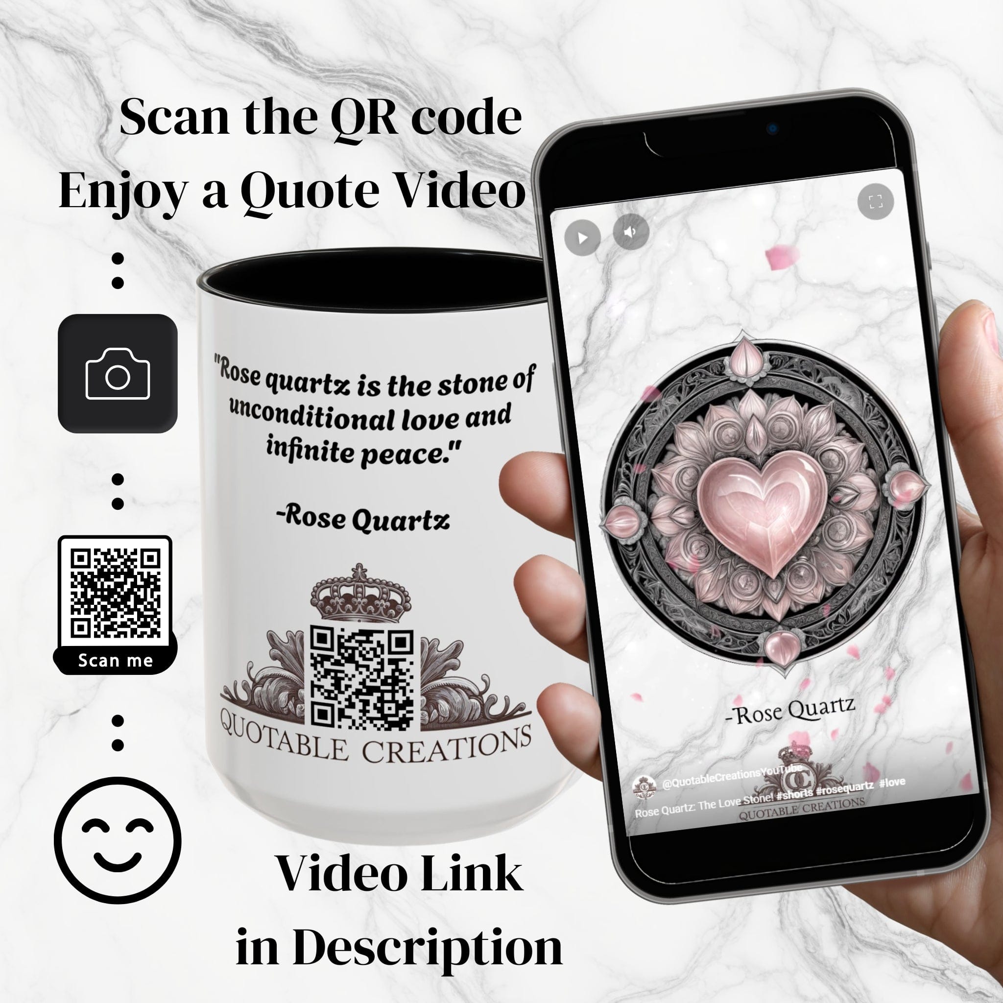 Printify Mug Rose Quartz Love Crystal Coffee Mug with Heartwarming Quote and QR Code Beautiful Gemstone Gift for Valentines Day or Mothers Day