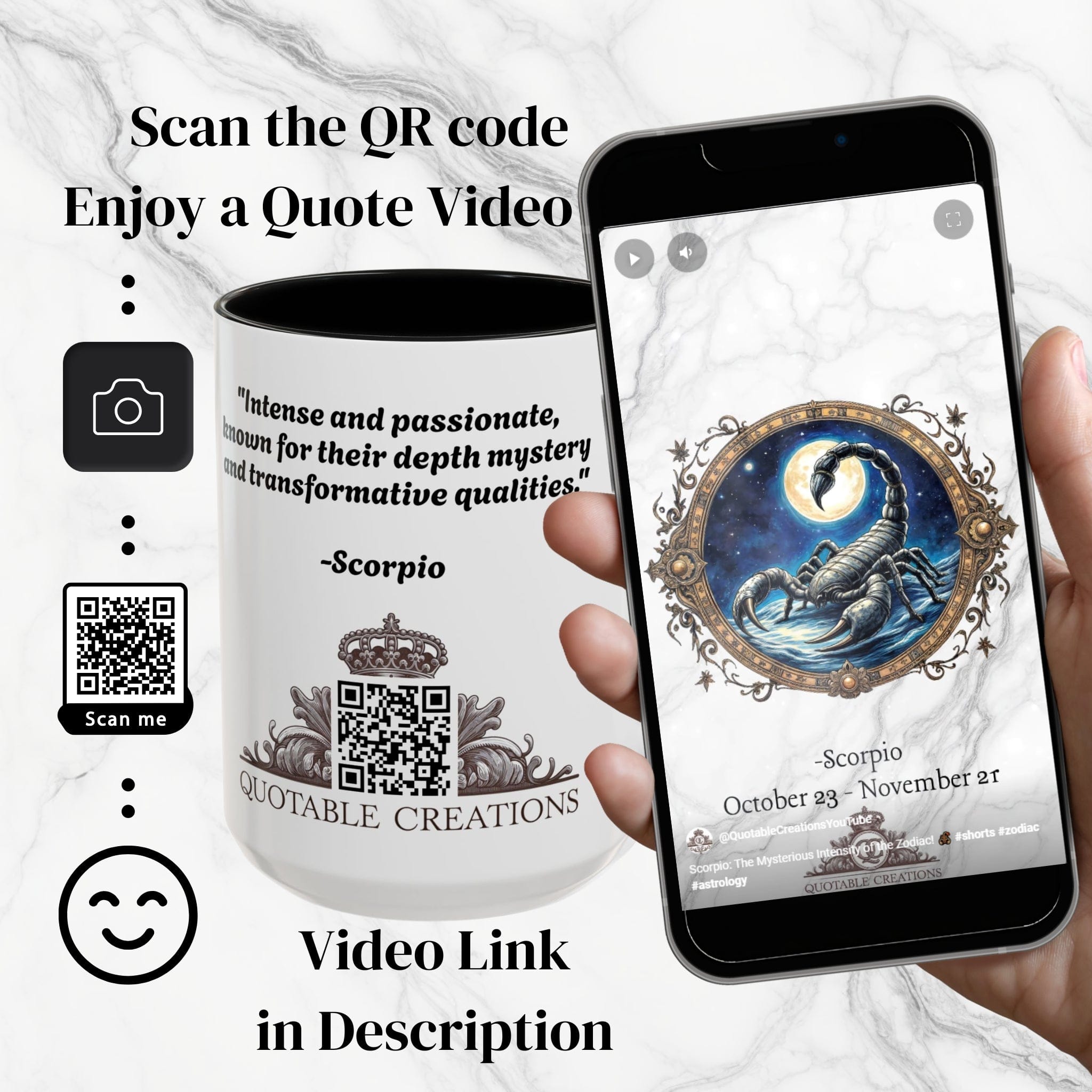Printify Mug Scorpio Zodiac Coffee Mug with Inspirational Quote and Smart QR Code Mysterious Astrology Gift Unique Horoscope Mug for Scorpio Lovers