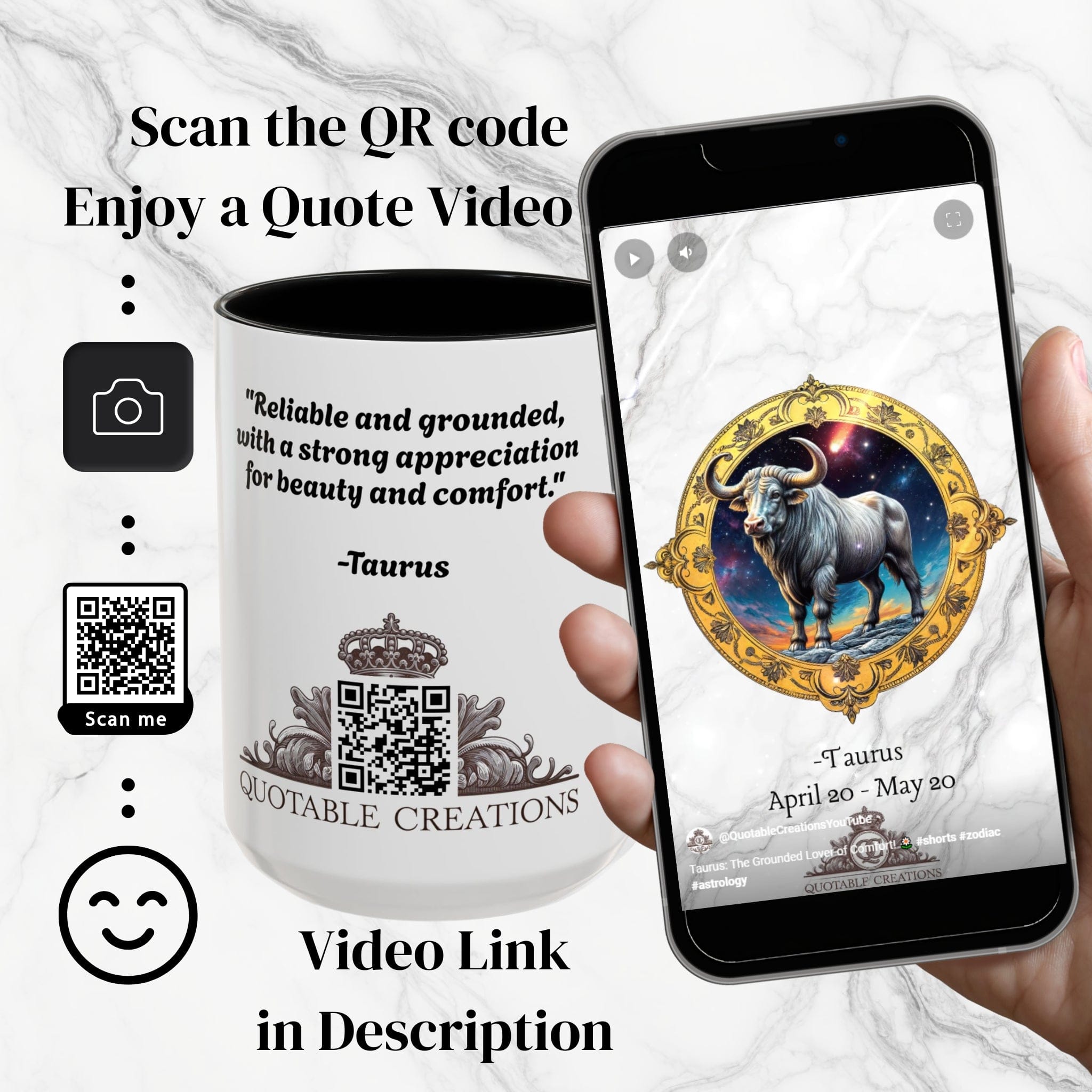 Printify Mug Taurus Zodiac Coffee Mug with Inspirational Quote and Smart QR Code Charming Astrology Gift Custom Horoscope Mug for Taurus Fans