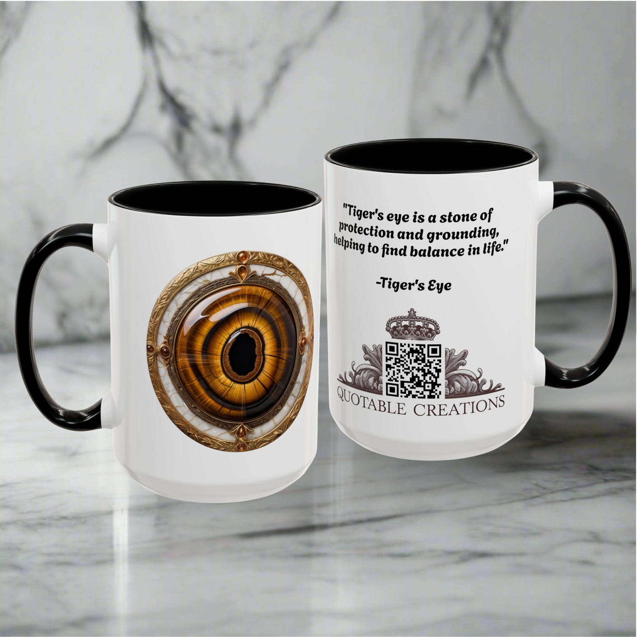 Printify Mug Tigers Eye Crystal Coffee Mug with Empowering Quote and QR Code Great Gemstone Gift for Adventurers and Goal Setter Lovers