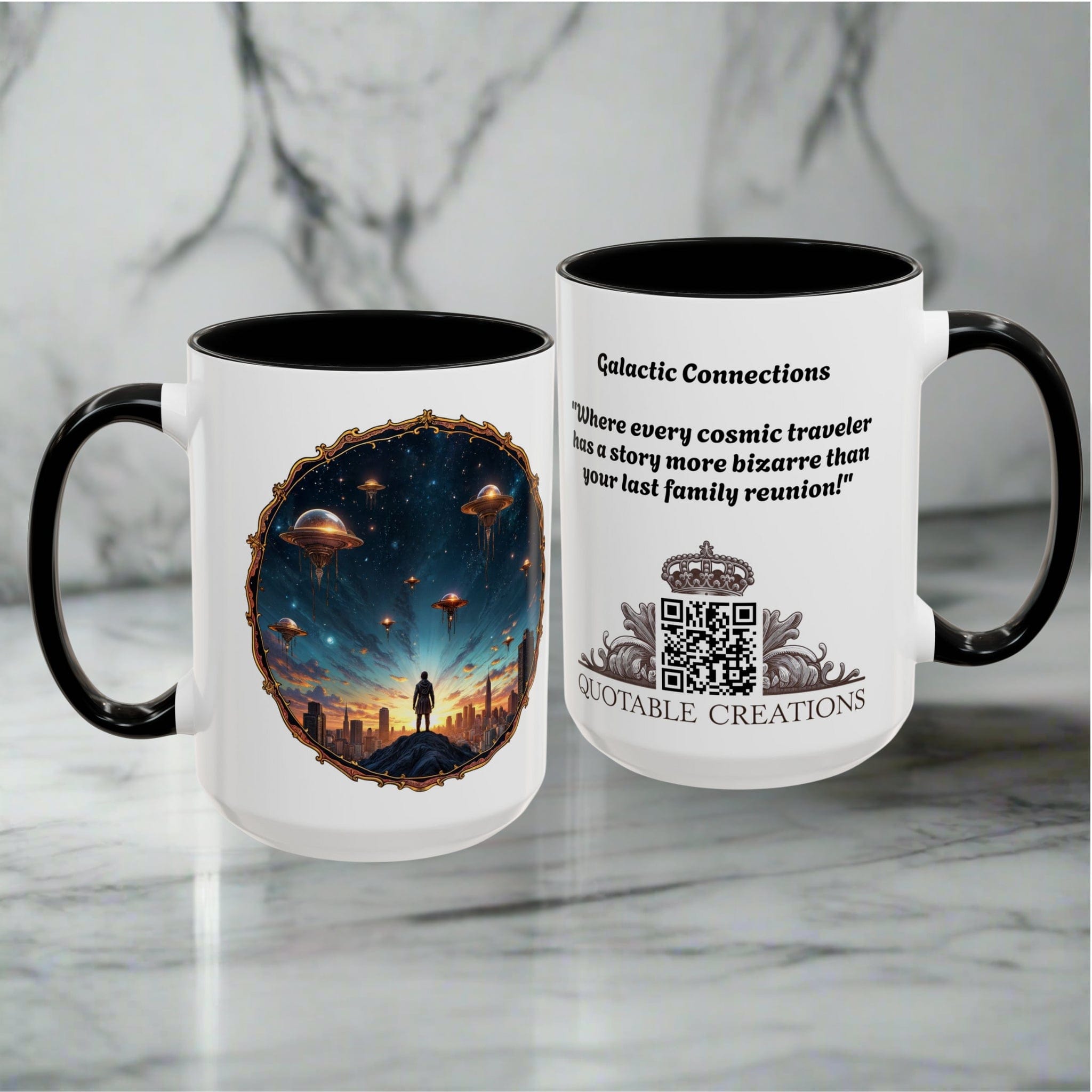 Printify Mug UFO Coffee Mug Featuring Alien Family Reunion Quote - for Intergalactic Traveler Who Love Unique Quirky Gift Alien Jokes QR Code Quote Video