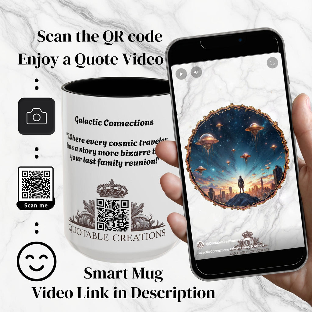 Printify Mug UFO Coffee Mug Featuring Alien Family Reunion Quote - for Intergalactic Traveler Who Love Unique Quirky Gift Alien Jokes QR Code Quote Video