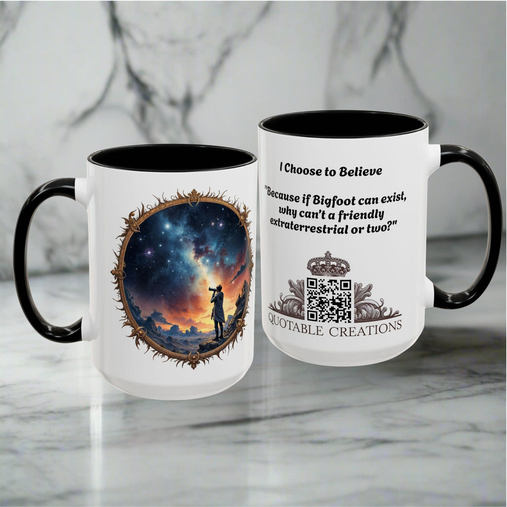Printify Mug UFO Coffee Mug Featuring Hilarious Bigfoot and Alien Quotes - for Skeptical Believers Who Love Unique Quirky Gifts Jokes QR Code Quote Video