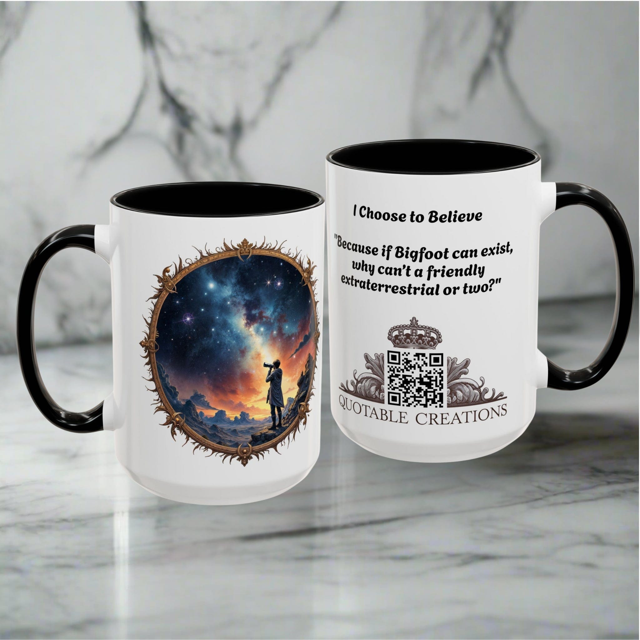 Printify Mug UFO Coffee Mug Featuring Hilarious Bigfoot and Alien Quotes - for Skeptical Believers Who Love Unique Quirky Gifts Jokes QR Code Quote Video
