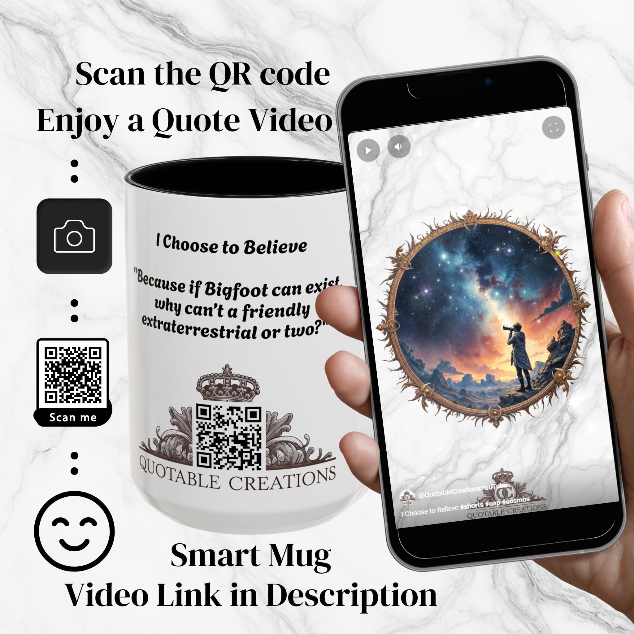 Printify Mug UFO Coffee Mug Featuring Hilarious Bigfoot and Alien Quotes - for Skeptical Believers Who Love Unique Quirky Gifts Jokes QR Code Quote Video