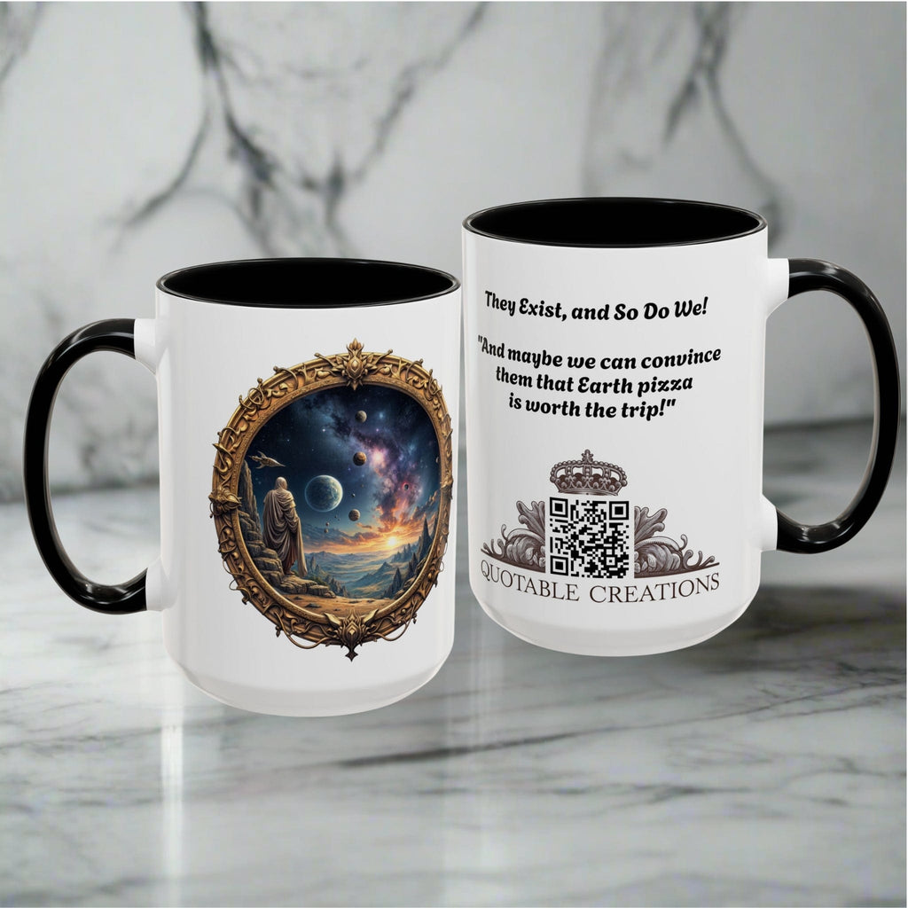 Printify Mug UFO Coffee Mug with Earth Pizza Quote for Space Enthusiasts - Who Love Unique Gift Funny Intergalactic Space Humor QR Code Quote Video