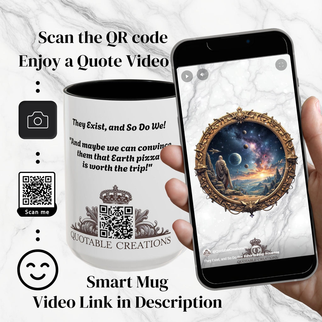 Printify Mug UFO Coffee Mug with Earth Pizza Quote for Space Enthusiasts - Who Love Unique Gift Funny Intergalactic Space Humor QR Code Quote Video