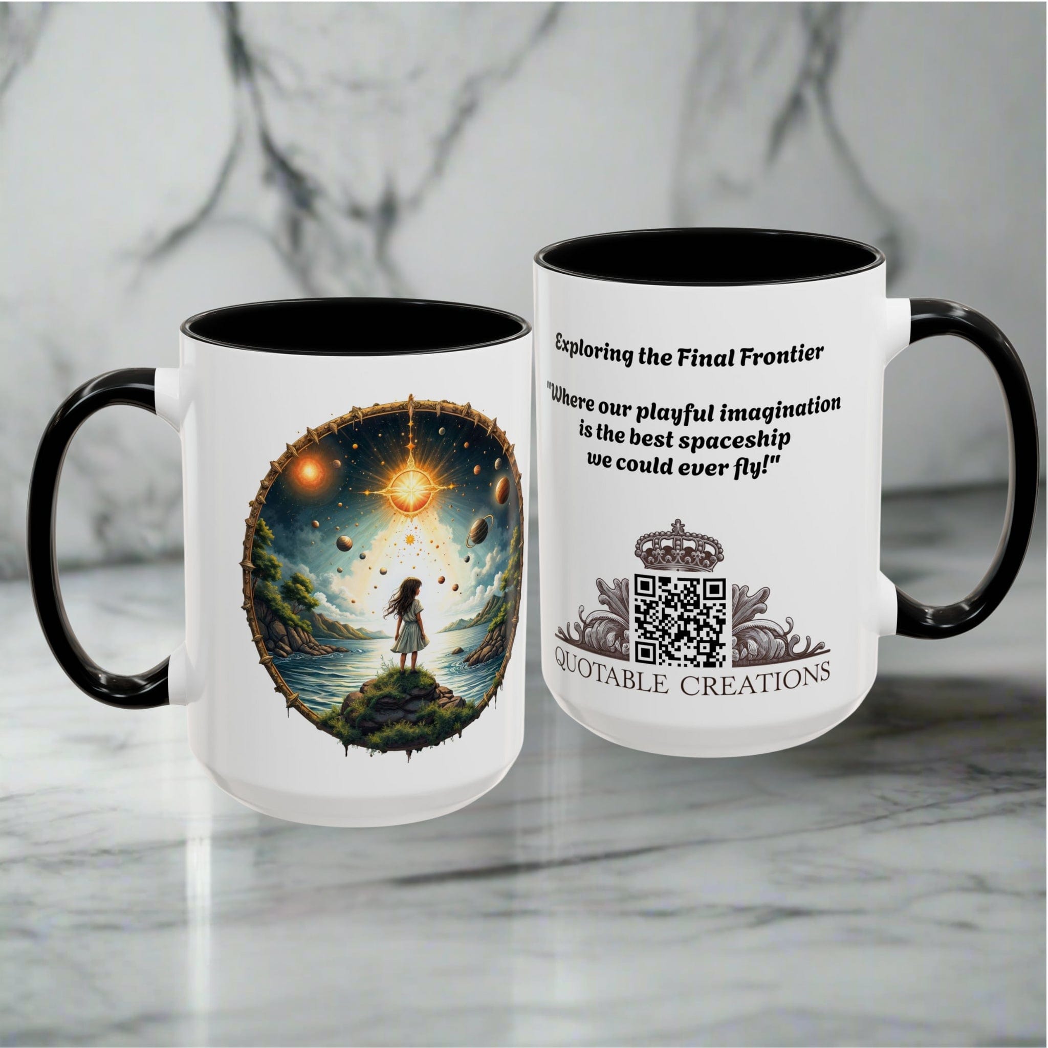 Printify Mug UFO Coffee Mug with Exploring the Final Frontier Quote - Space Enthusiasts Who Enjoy Unique Gifts Hilarious Space Puns QR Code Quote Video