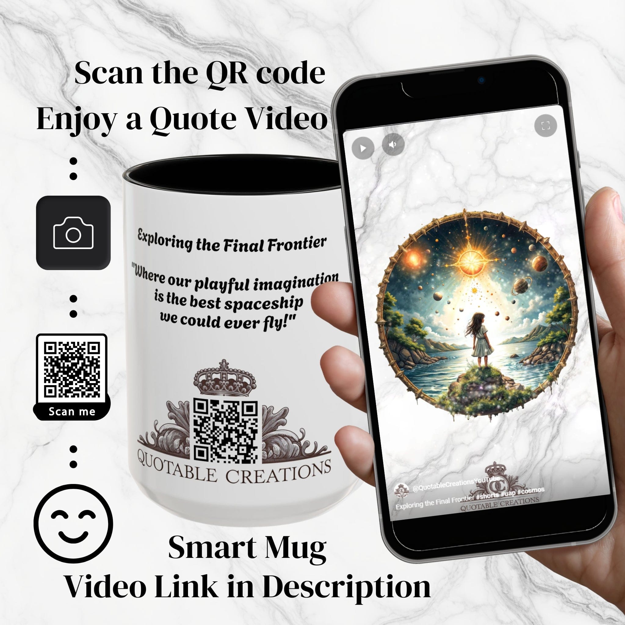 Printify Mug UFO Coffee Mug with Exploring the Final Frontier Quote - Space Enthusiasts Who Enjoy Unique Gifts Hilarious Space Puns QR Code Quote Video