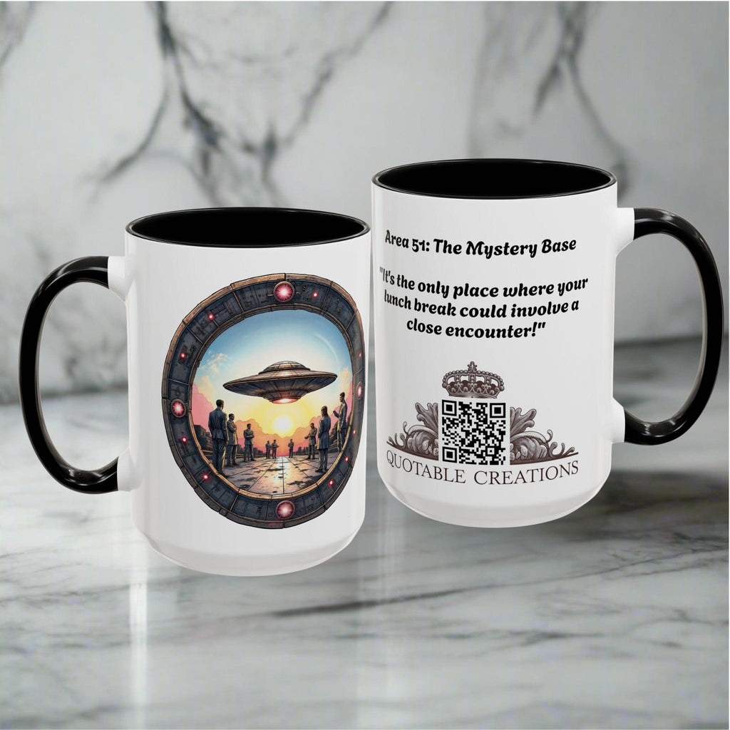 Printify Mug UFO Coffee Mug with Funny Conspiracy Theory Quotes - for Enthusiasts Who Enjoy Mysterious Area 51 Humor Unique Gift Idea QR Code Quote Video
