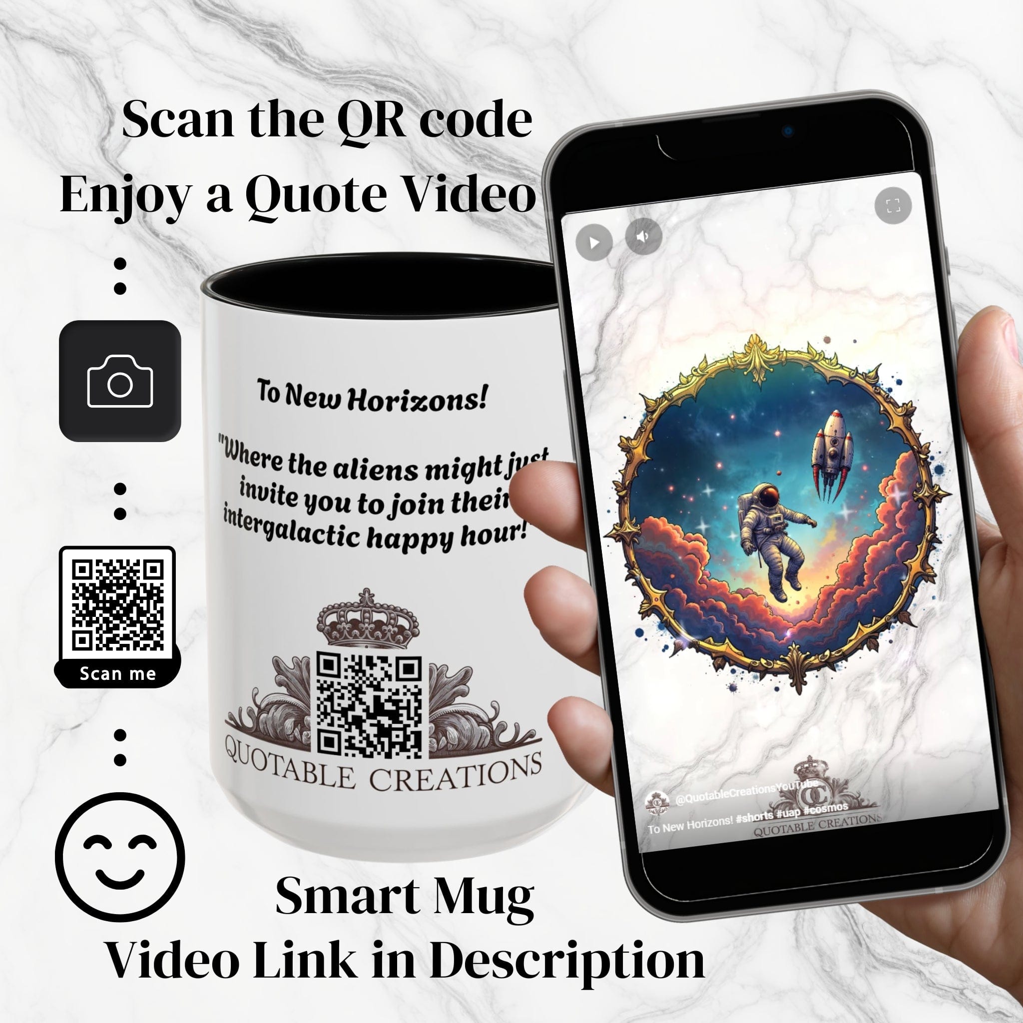 Printify Mug UFO Coffee Mug with Happy Hour Quotes for Intergalactic Travelers - Who Love Quirky Gift Funny Space-Themed Puns for All QR Code Quote Video