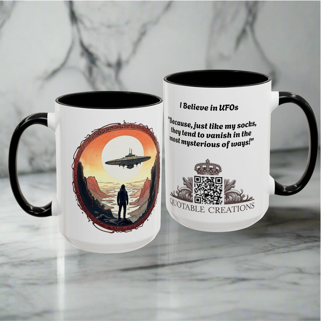 Printify Mug UFO Coffee Mug with Silly Missing Socks Quote for Skeptical Believers - Who Adore Unique Quirky Hilarious Alien Humor QR Code Quote Video