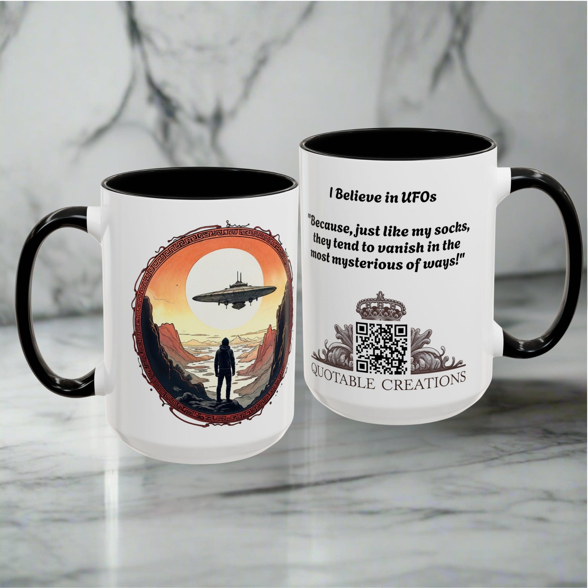 Printify Mug UFO Coffee Mug with Silly Missing Socks Quote for Skeptical Believers - Who Adore Unique Quirky Hilarious Alien Humor QR Code Quote Video
