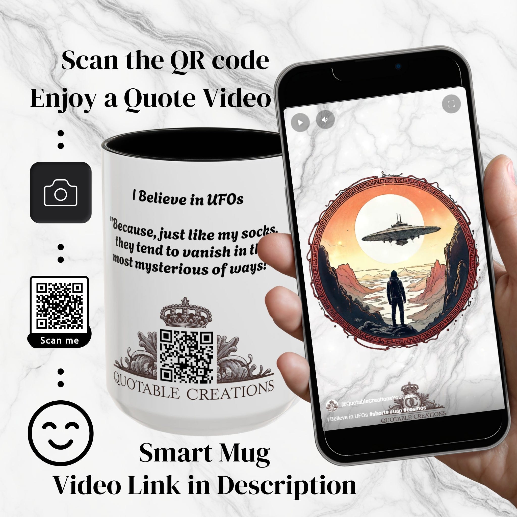 Printify Mug UFO Coffee Mug with Silly Missing Socks Quote for Skeptical Believers - Who Adore Unique Quirky Hilarious Alien Humor QR Code Quote Video