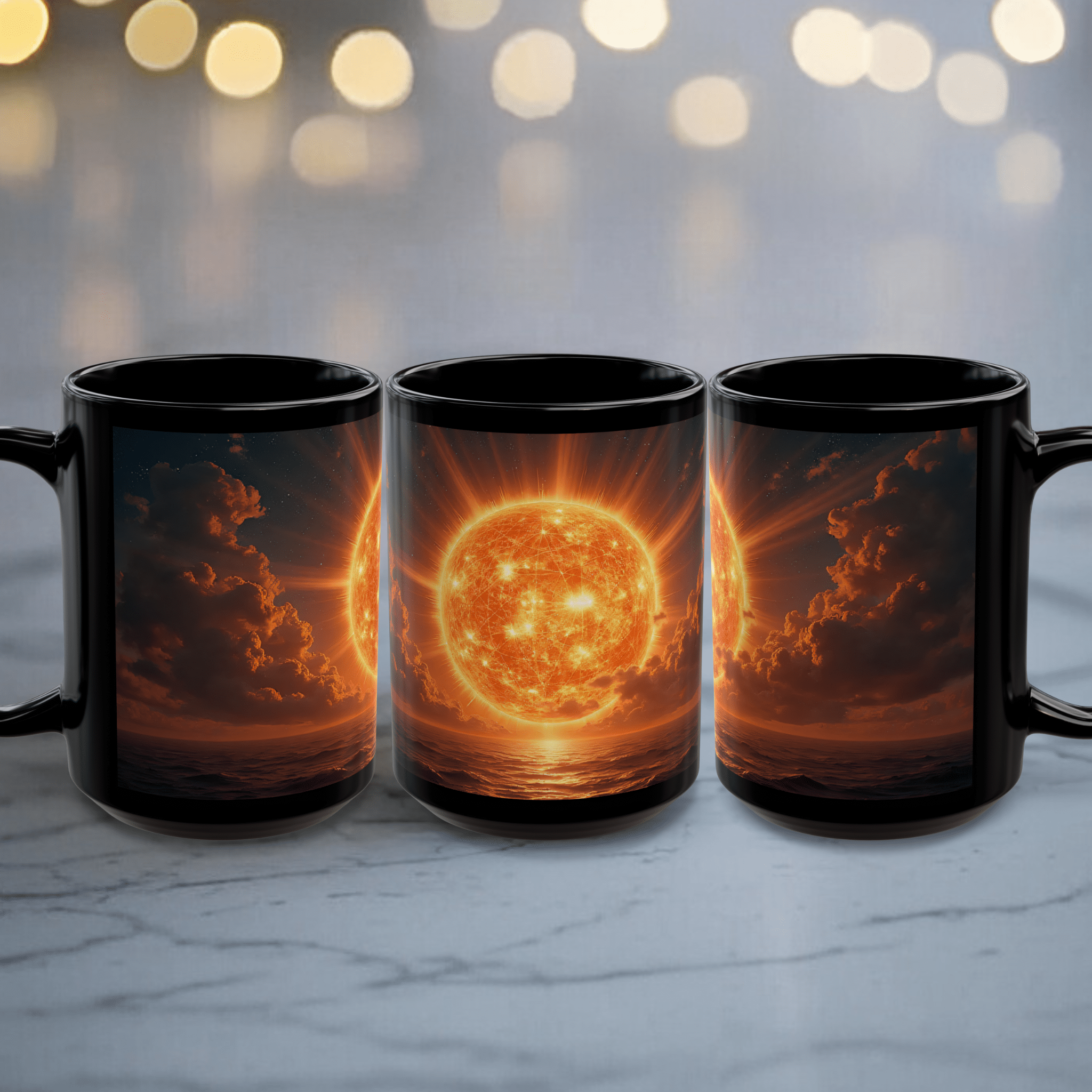 Printify Mug Vibrant Sun-Inspired Black Ceramic Mug for Coffee, Tea & Hot Beverages - Unique Sunrise Lover Gift