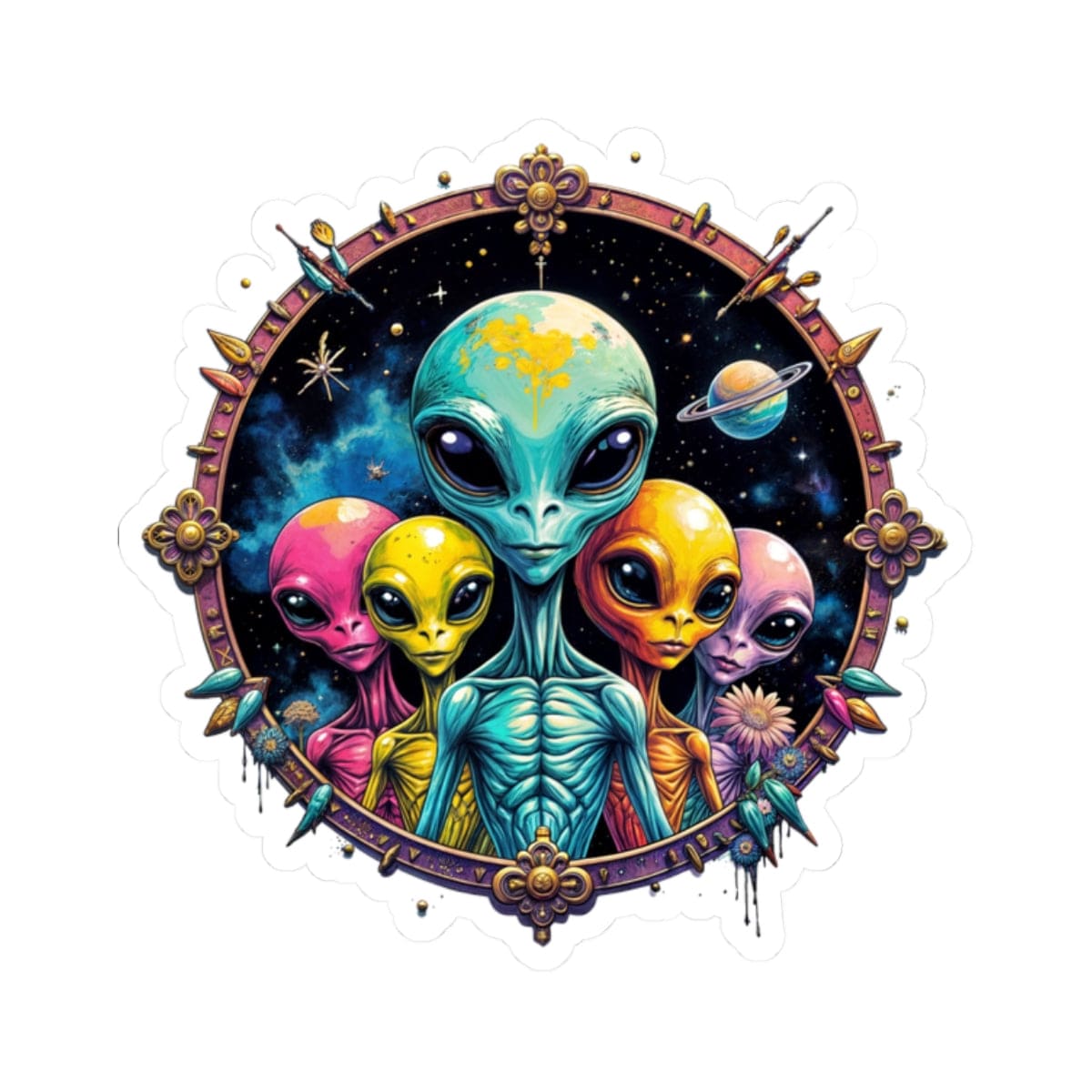 Printify Paper products 2" × 2" / White Sticker - Cosmic Beings Unite! Time for a Galaxy Celebration! - Alien & Space Kiss-Cut