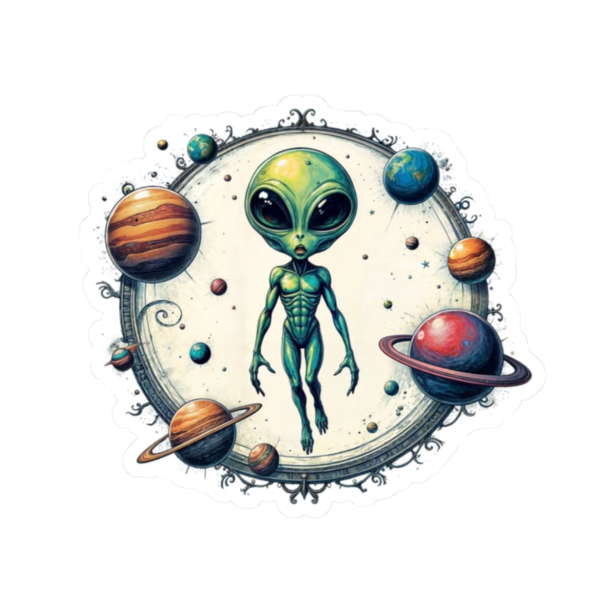 Printify Paper products 2" × 2" / White Sticker - Lost in Space, But Finding Fun Everywhere! - Alien & Space Kiss-Cut