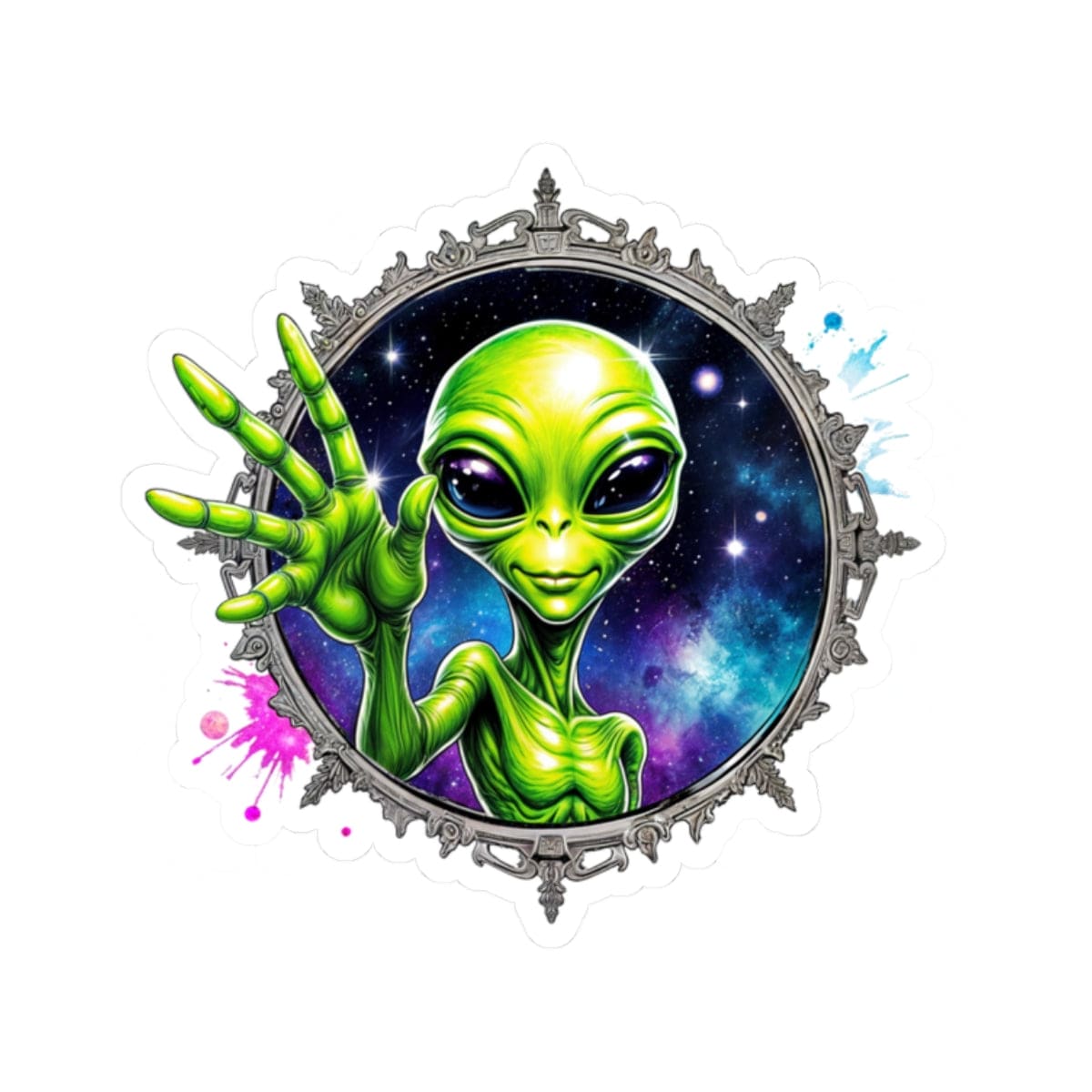 Printify Paper products 2" × 2" / White Sticker - We Come in Peace and Good Vibes! - Alien & Space Kiss-Cut