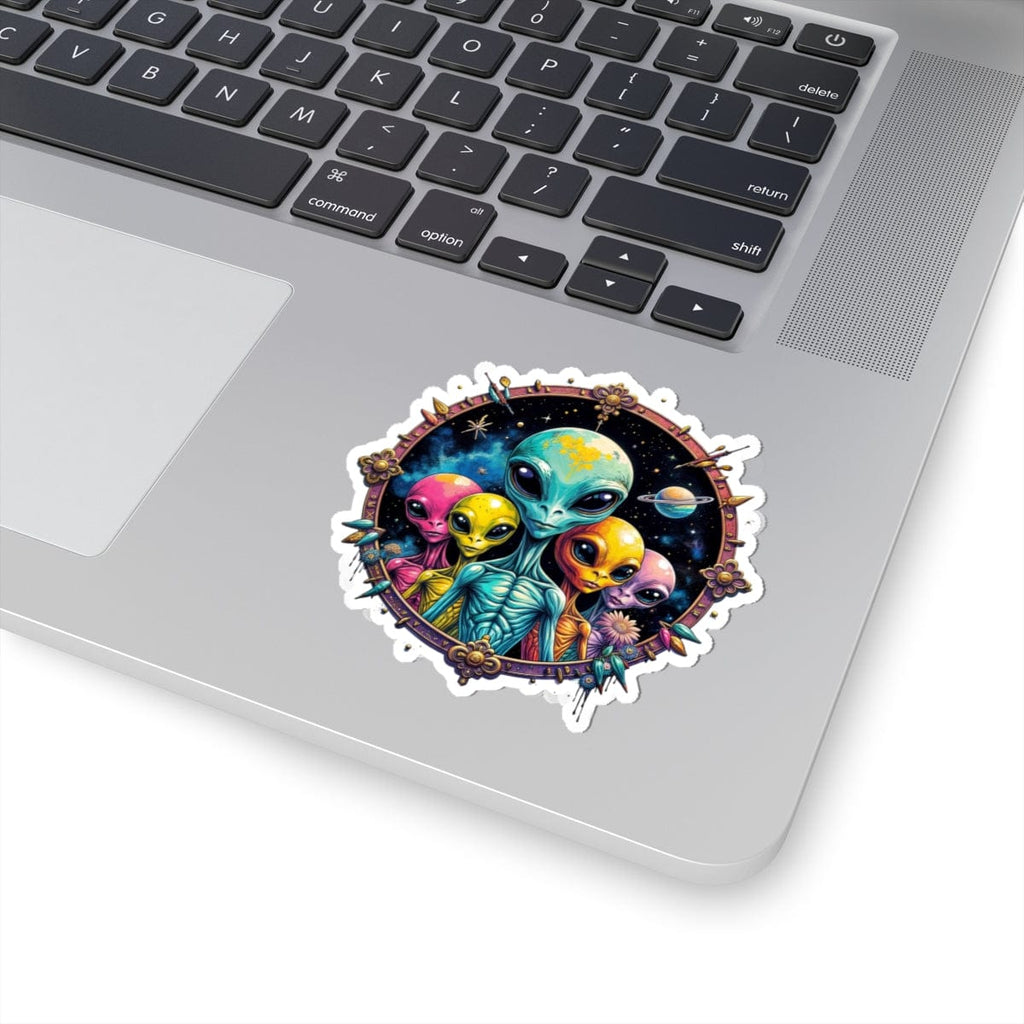 Printify Paper products 3" × 3" / White Sticker - Cosmic Beings Unite! Time for a Galaxy Celebration! - Alien & Space Kiss-Cut