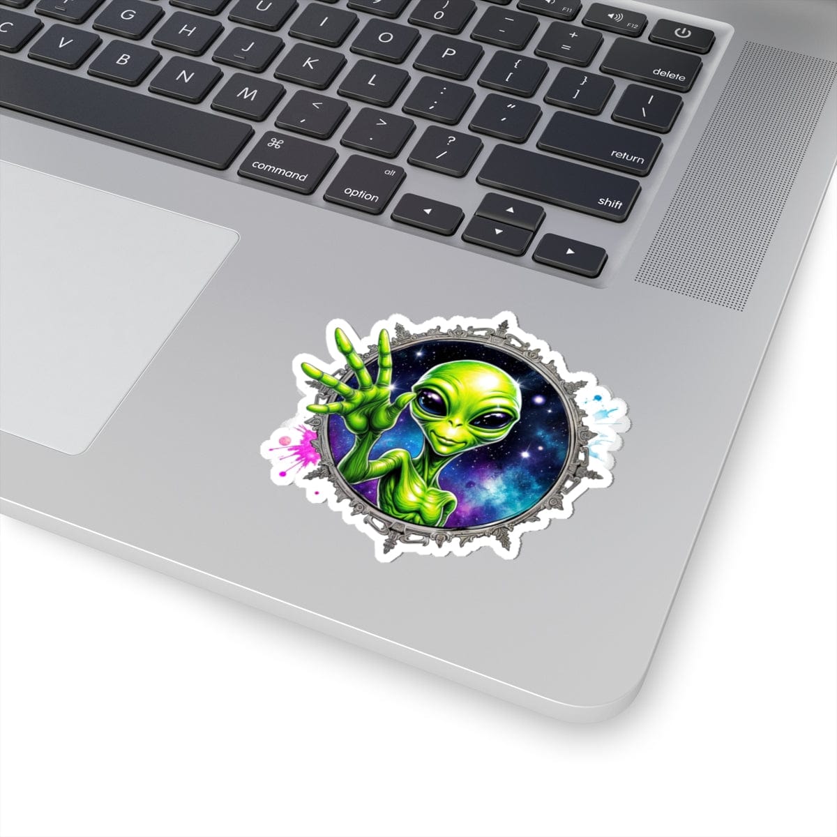 Printify Paper products 3" × 3" / White Sticker - We Come in Peace and Good Vibes! - Alien & Space Kiss-Cut