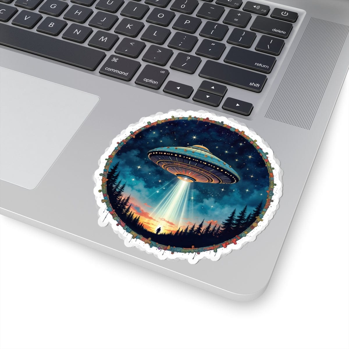 Printify Paper products 4" × 4" / White Aliens Are Here - UFO & Cosmic Kiss-Cut Stickers
