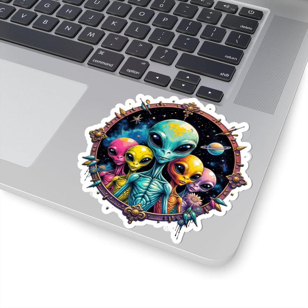 Printify Paper products 4" × 4" / White Sticker - Cosmic Beings Unite! Time for a Galaxy Celebration! - Alien & Space Kiss-Cut