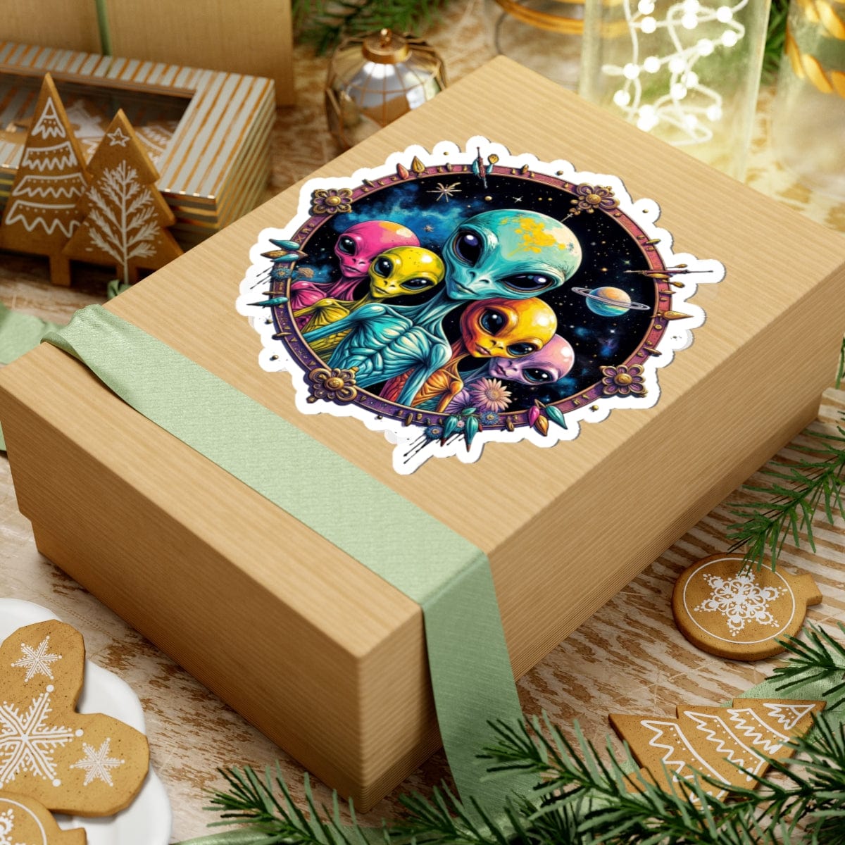 Printify Paper products Sticker - Cosmic Beings Unite! Time for a Galaxy Celebration! - Alien & Space Kiss-Cut