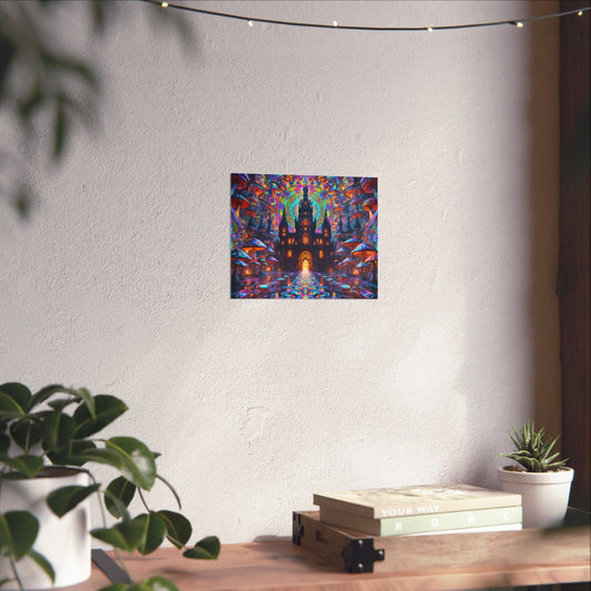 Printify Poster 10" x 8" / Matte Fantasy Castle Matte Horizontal Poster, Psychedelic Wall Art, Colorful Home Decor, Vibrant Room Aesthetic, Unique Gift Idea