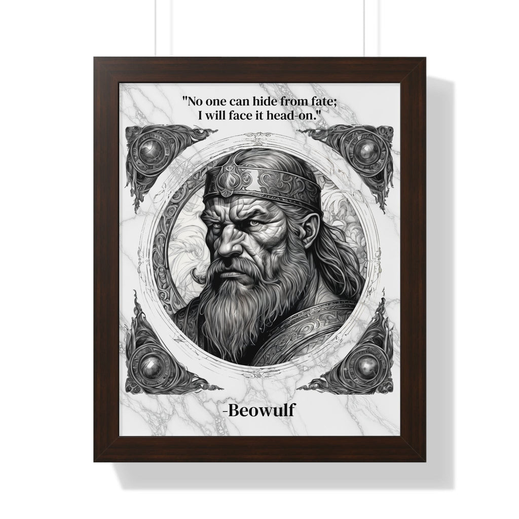 Printify Poster 16″ x 20″ / Walnut Beowulf Epic Hero Literature Framed Wall Art Inspirational Quote for Book Lovers Legendary Decor - Ideal Gift for Classic Literature Fans